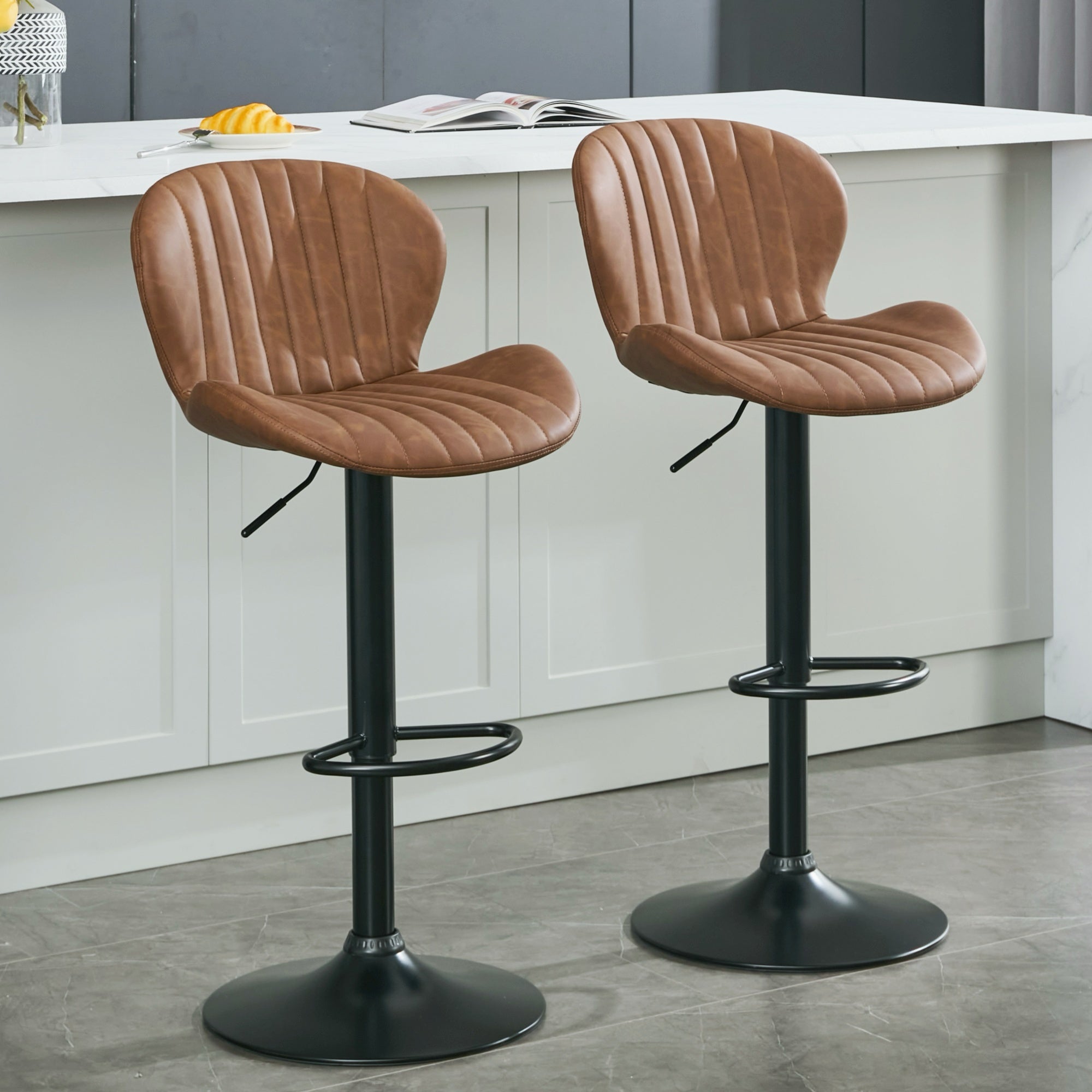 Set of 2 Modern Faux Leather Swivel Bar Stools, Counter Height Bar Chairs with High Backrest.