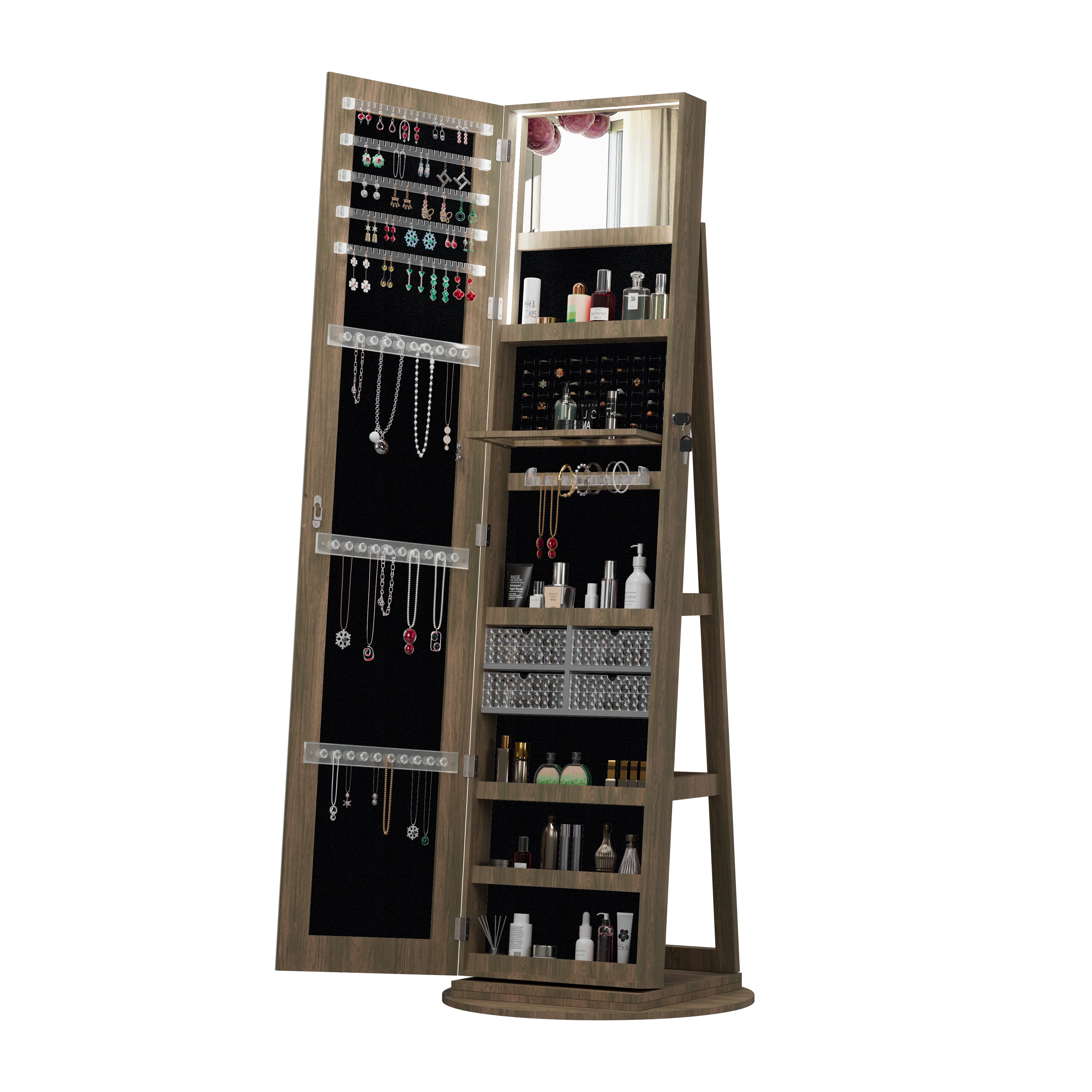 360° Swivel Jewelry Cabinet with Full Length Mirror Lockable Jewelry Storage Cabinet