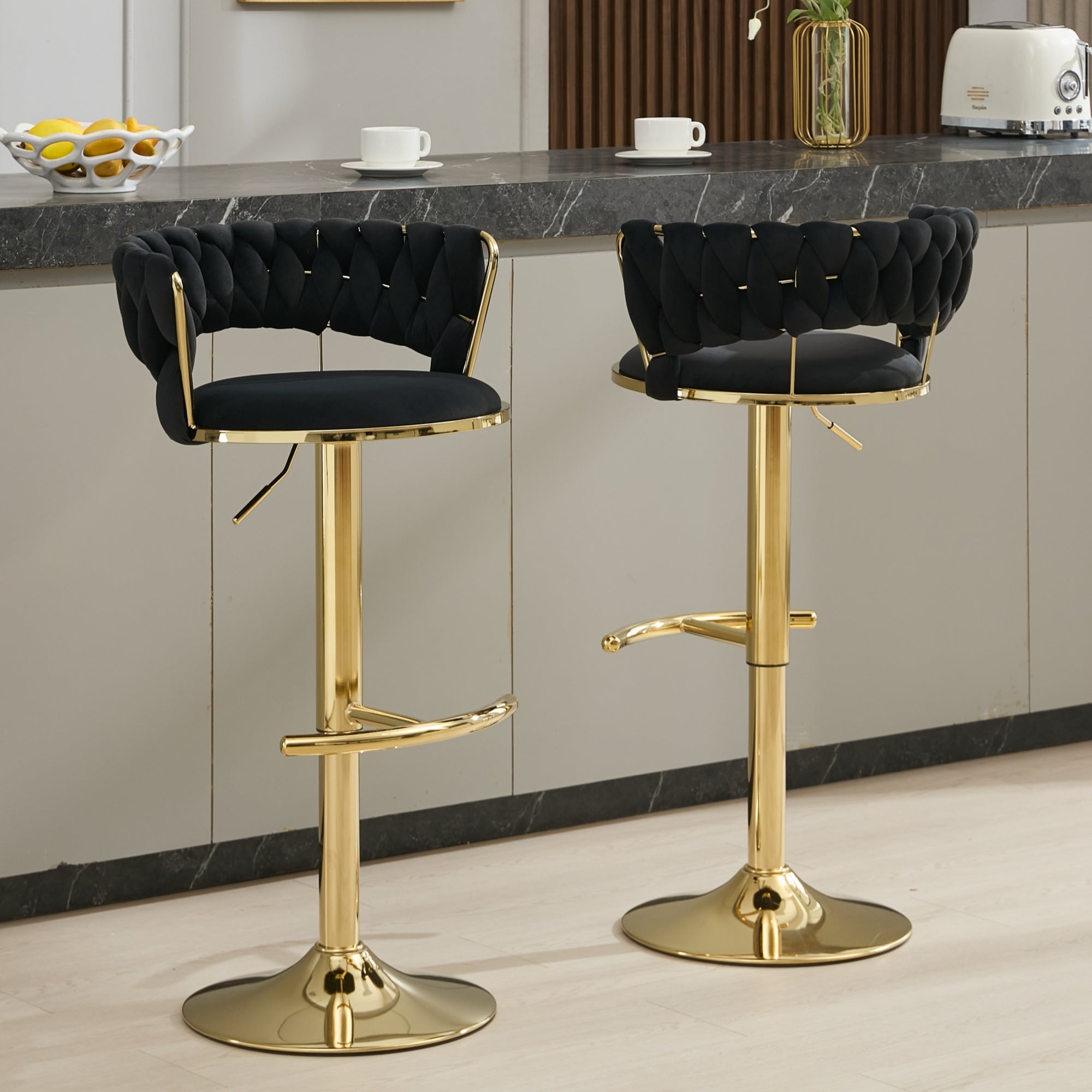 Bar Stools Set of 2, Swivel Bar Chairs with Low Back, Modern Velvet Woven Barstools with Gold Metal Leg, Adjustable Counter Height Bar Stools for Kitchen Island, Dining Room