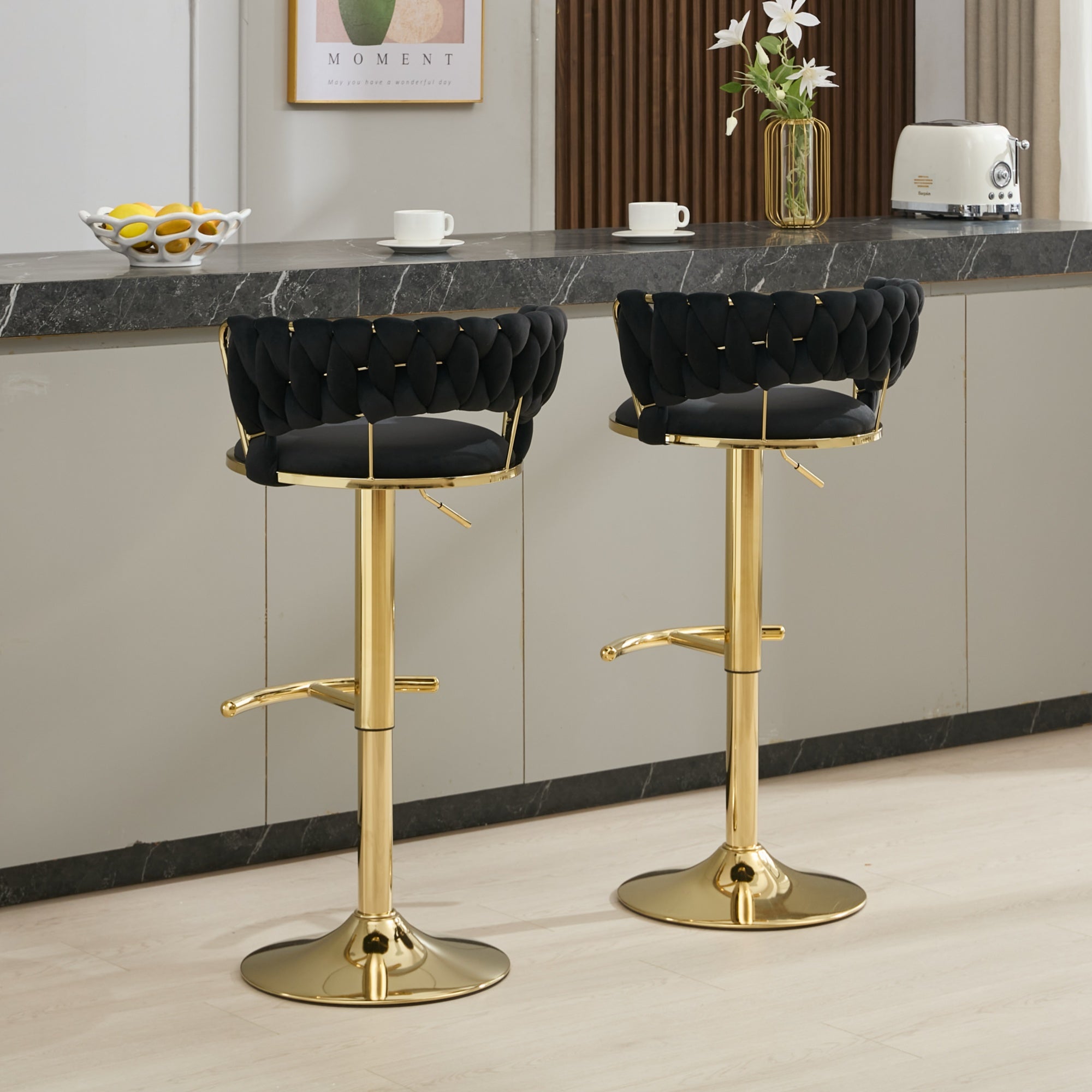 Bar Stools Set of 2, Swivel Bar Chairs with Low Back, Modern Velvet Woven Barstools with Gold Metal Leg, Adjustable Counter Height Bar Stools for Kitchen Island, Dining Room
