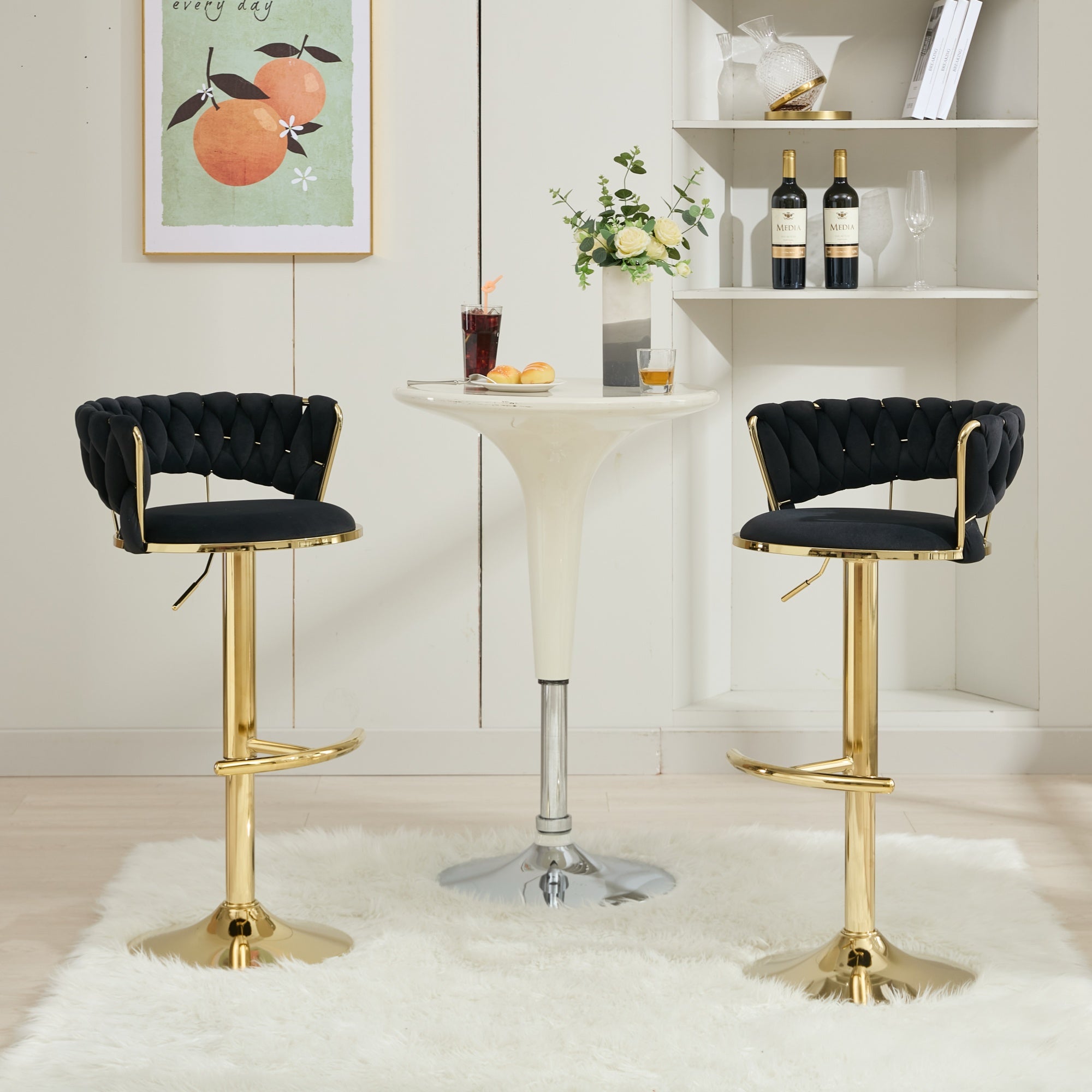 Bar Stools Set of 2, Swivel Bar Chairs with Low Back, Modern Velvet Woven Barstools with Gold Metal Leg, Adjustable Counter Height Bar Stools for Kitchen Island, Dining Room