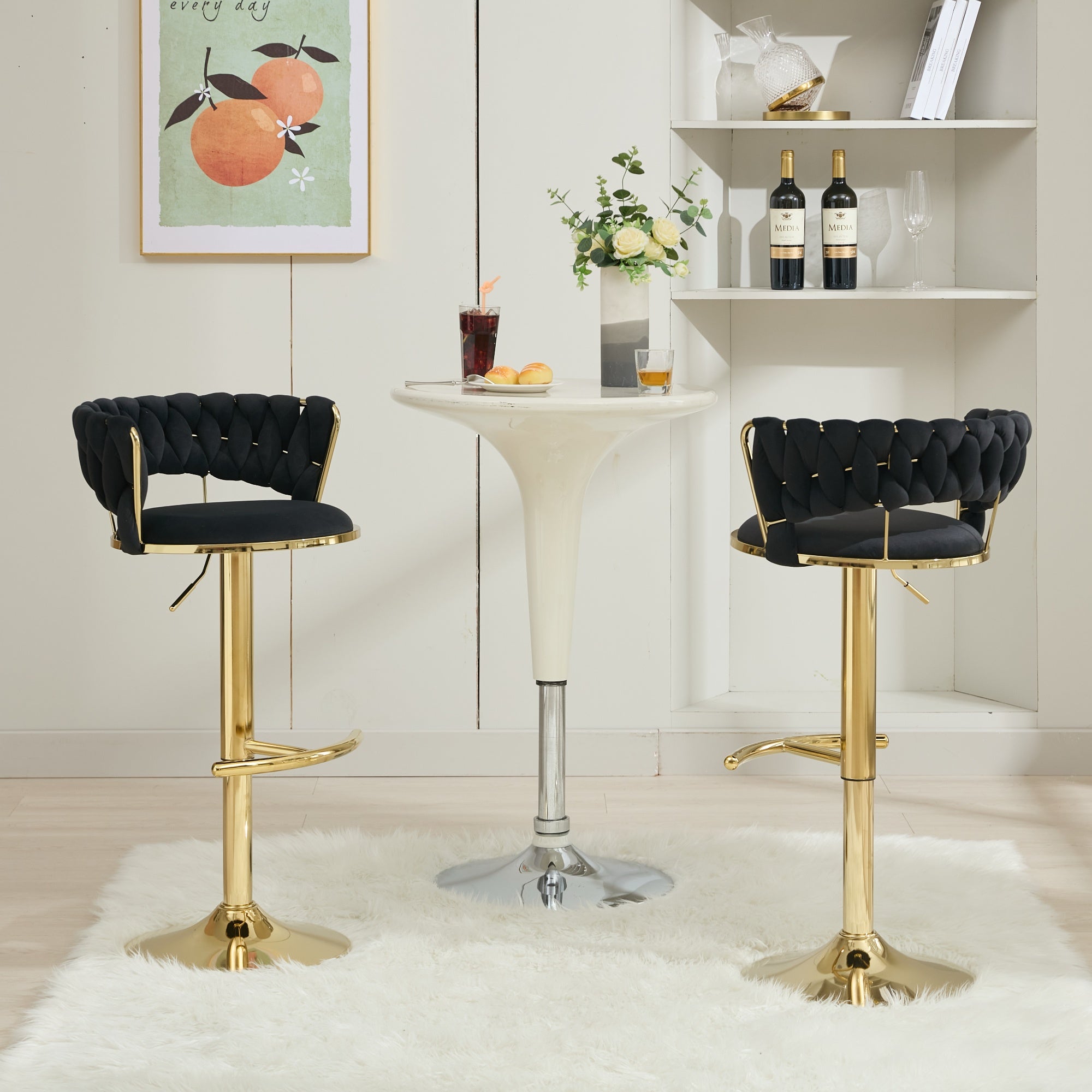 Bar Stools Set of 2, Swivel Bar Chairs with Low Back, Modern Velvet Woven Barstools with Gold Metal Leg, Adjustable Counter Height Bar Stools for Kitchen Island, Dining Room