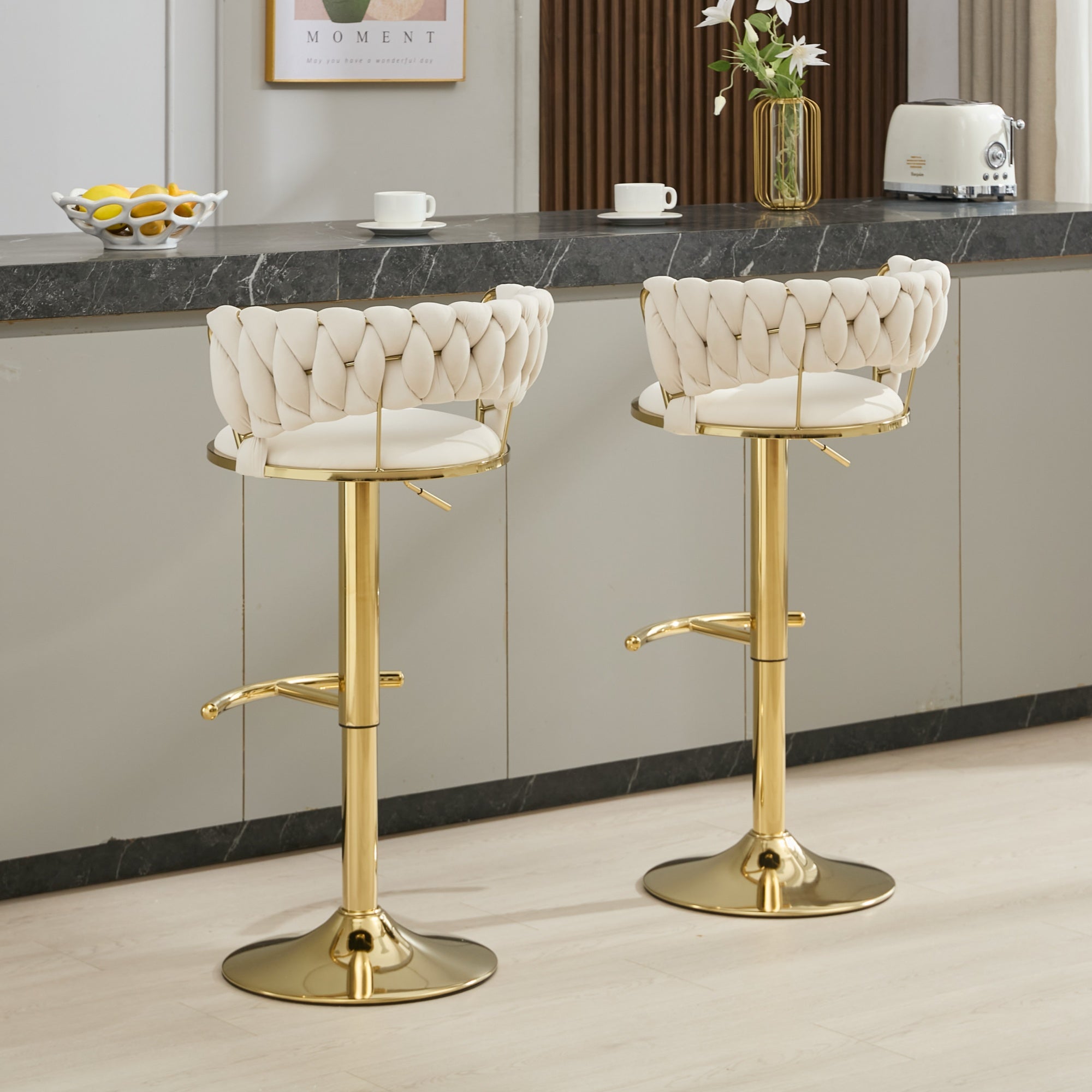 Bar Stools Set of 2, Swivel Bar Chairs with Low Back, Modern Velvet Woven Barstools with Gold Metal Leg, Adjustable Counter Height Bar Stools for Kitchen Island, Dining Room