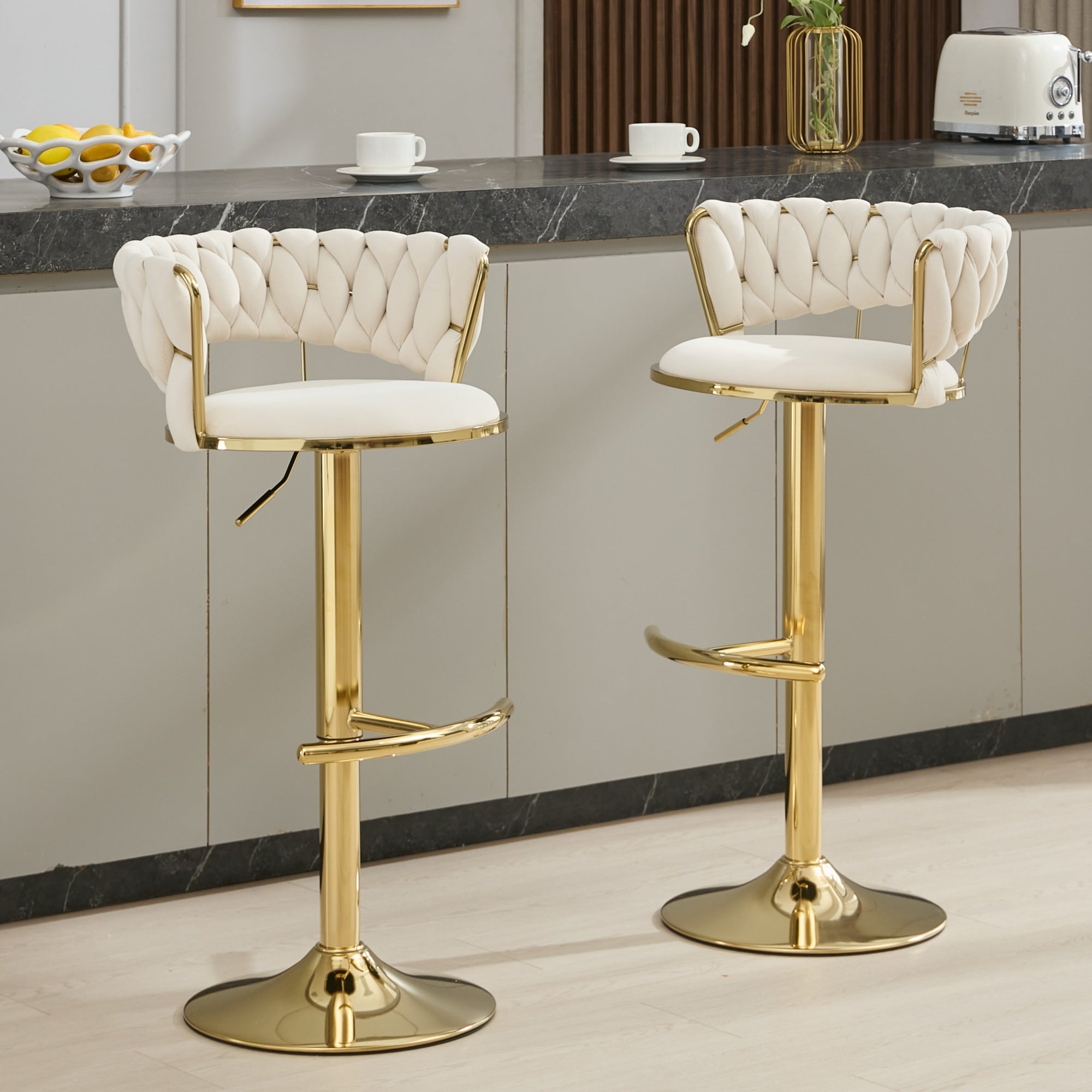 Bar Stools Set of 2, Swivel Bar Chairs with Low Back, Modern Velvet Woven Barstools with Gold Metal Leg, Adjustable Counter Height Bar Stools for Kitchen Island, Dining Room