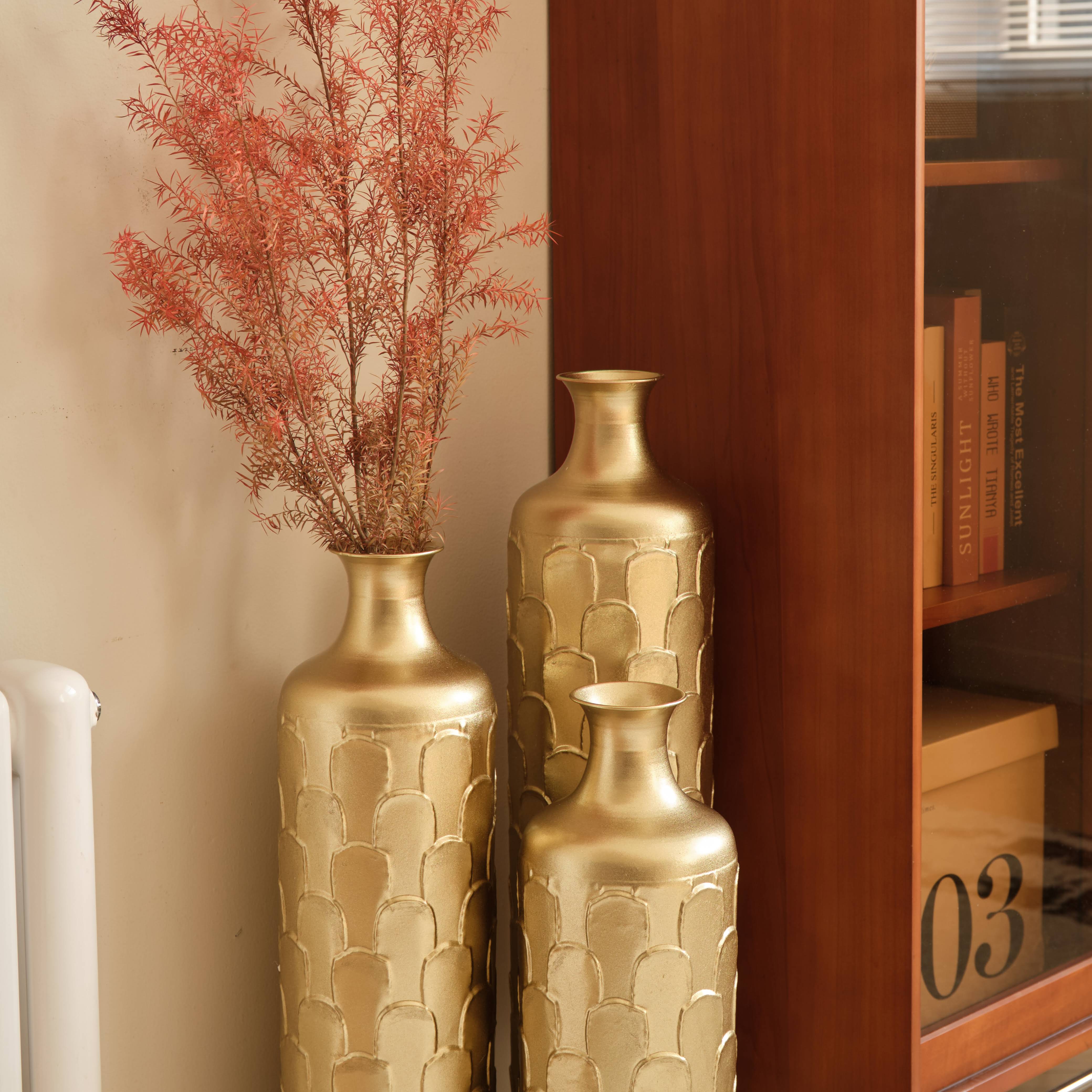 Floor Metal Vases Decorated White Metal Vases Set of 3 Gorgeous Home Decoration Large Glazed Metal Vases 25.2in/29.33in/34.25in Height