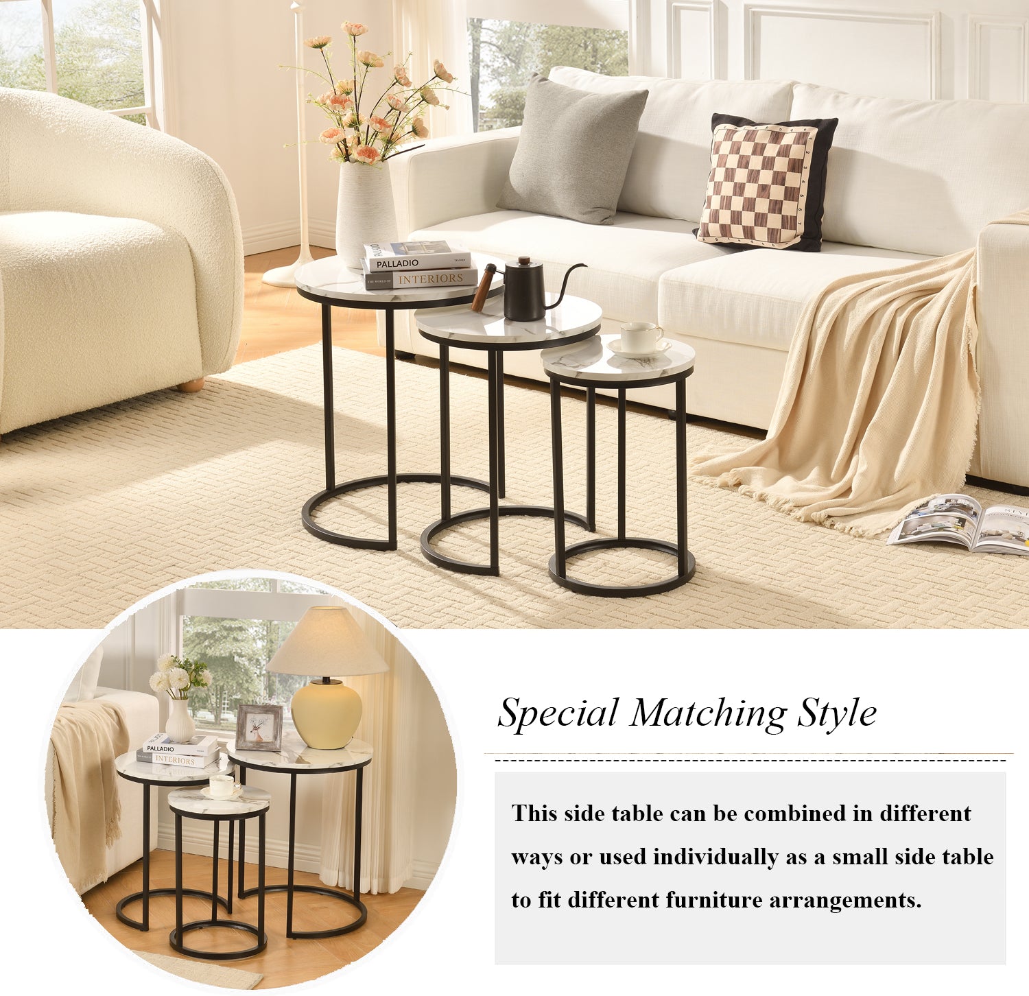 Newmetal Side Table, Storage Rack, Round Coffee Table 3-Piece Set Modern side table with metal frame and medium-density fibreboard Nesting bedside tables,for living rooms and bedrooms,Black and white
