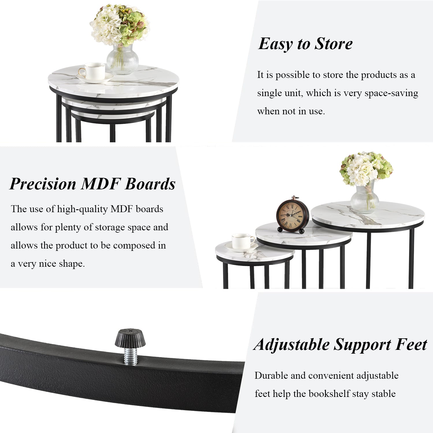Newmetal Side Table, Storage Rack, Round Coffee Table 3-Piece Set Modern side table with metal frame and medium-density fibreboard Nesting bedside tables,for living rooms and bedrooms,Black and white