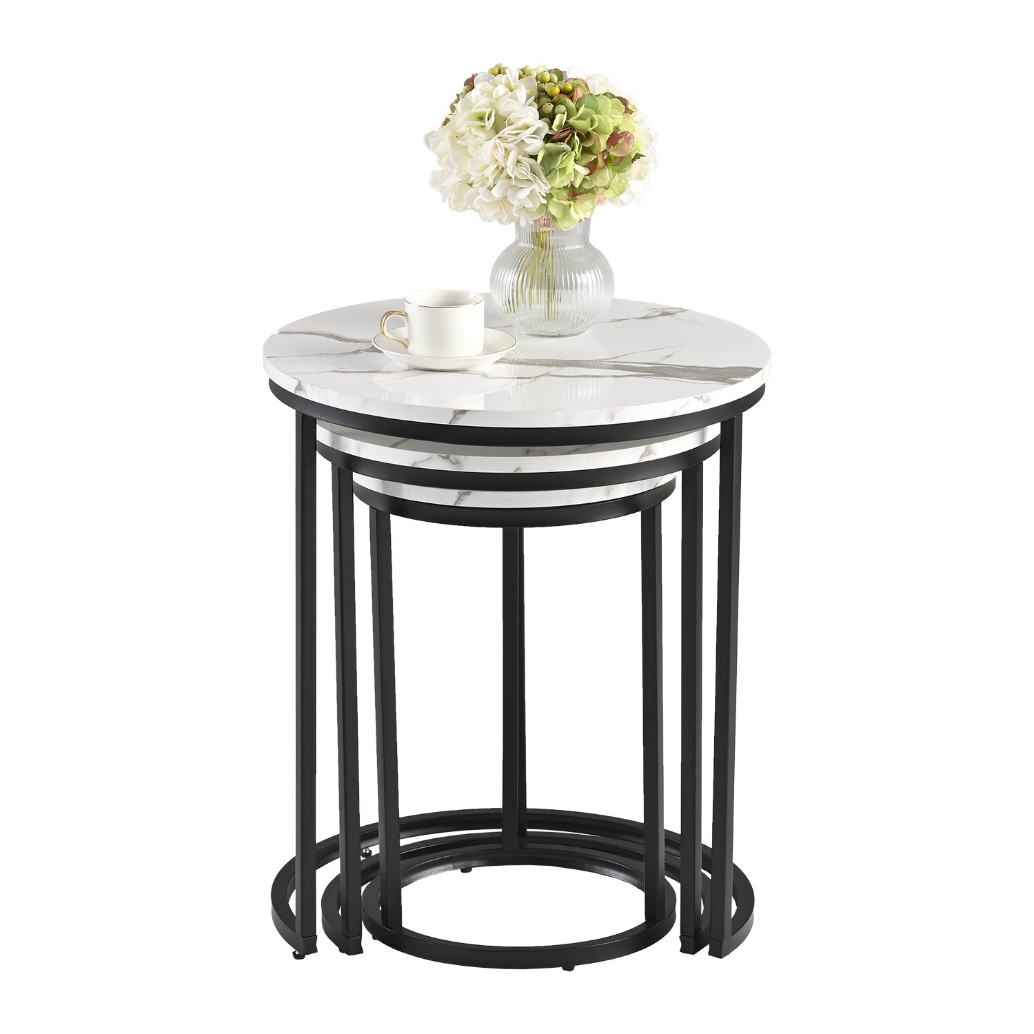 Newmetal Side Table, Storage Rack, Round Coffee Table 3-Piece Set Modern side table with metal frame and medium-density fibreboard Nesting bedside tables,for living rooms and bedrooms,Black and white