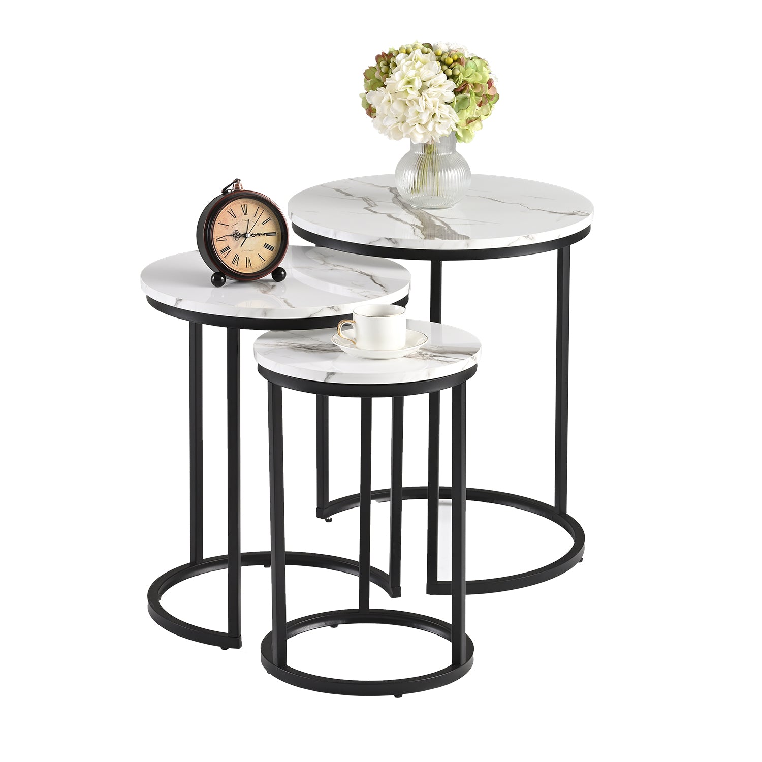 Newmetal Side Table, Storage Rack, Round Coffee Table 3-Piece Set Modern side table with metal frame and medium-density fibreboard Nesting bedside tables,for living rooms and bedrooms,Black and white