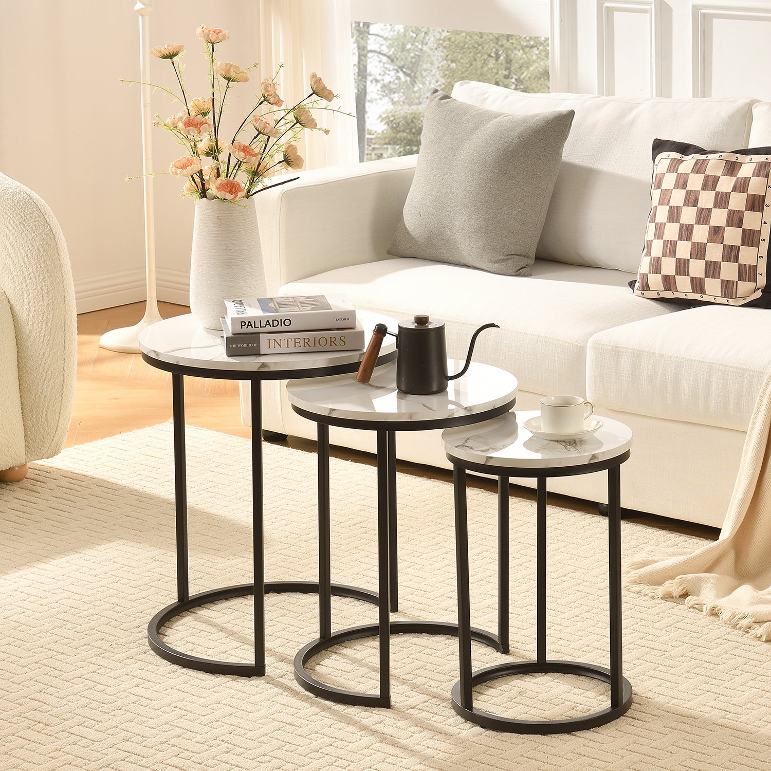 Newmetal Side Table, Storage Rack, Round Coffee Table 3-Piece Set Modern side table with metal frame and medium-density fibreboard Nesting bedside tables,for living rooms and bedrooms,Black and white