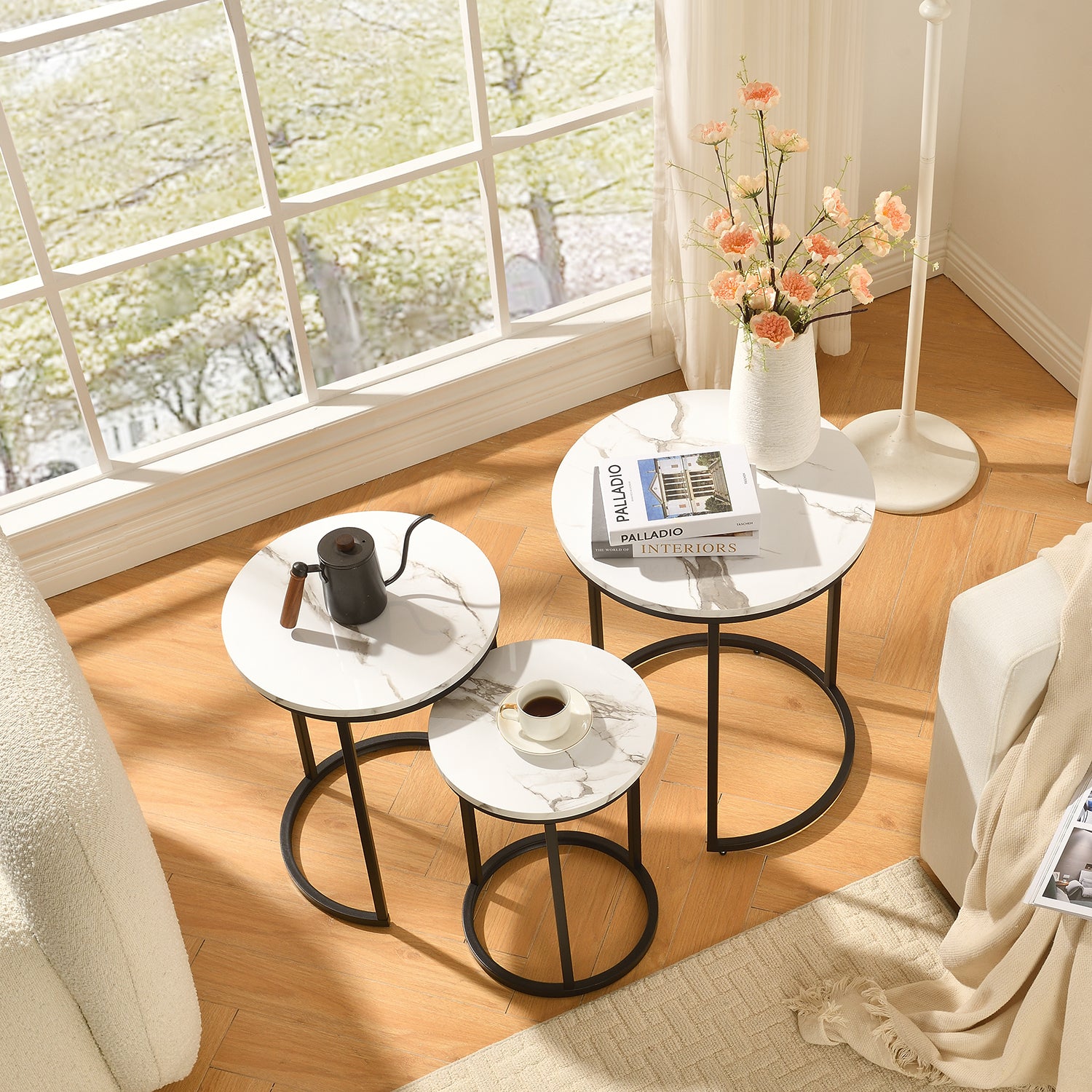 Newmetal Side Table, Storage Rack, Round Coffee Table 3-Piece Set Modern side table with metal frame and medium-density fibreboard Nesting bedside tables,for living rooms and bedrooms,Black and white