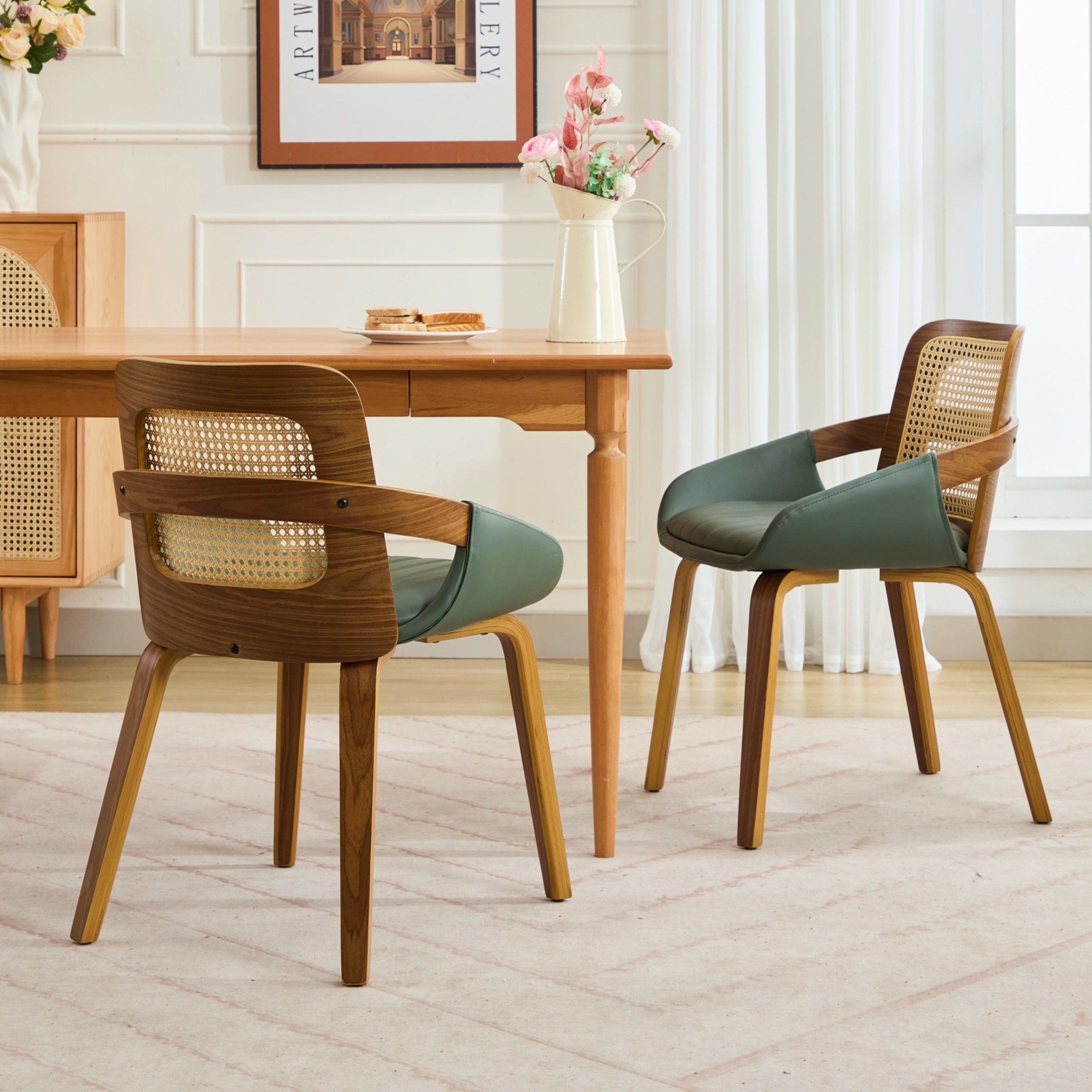 Set of 2 Rattan Dining Chairs - Mid Century Modern Dining Chairs with Walnut Bentwood Frame, Ergonomic Rattan Back