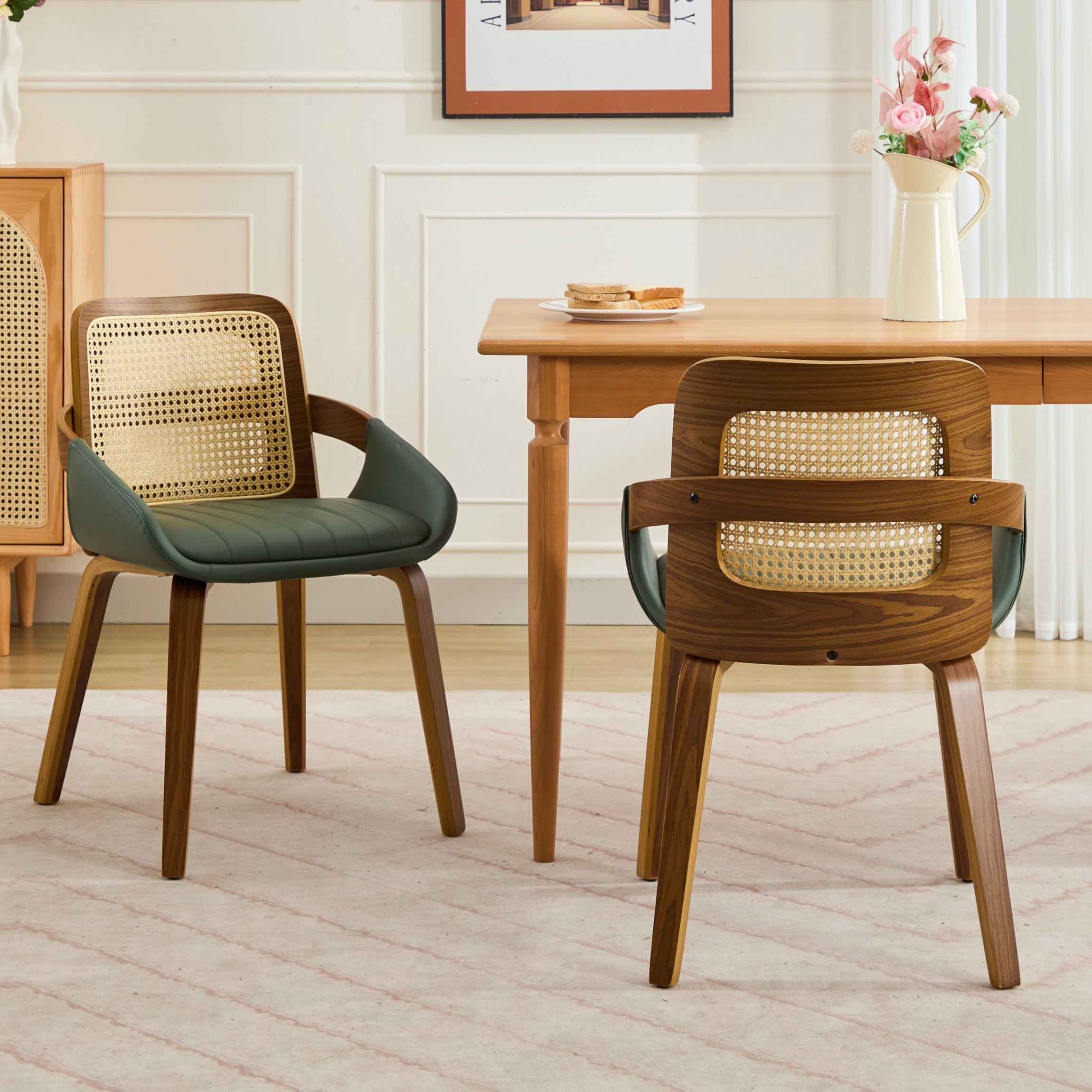 Set of 2 Rattan Dining Chairs - Mid Century Modern Dining Chairs with Walnut Bentwood Frame, Ergonomic Rattan Back