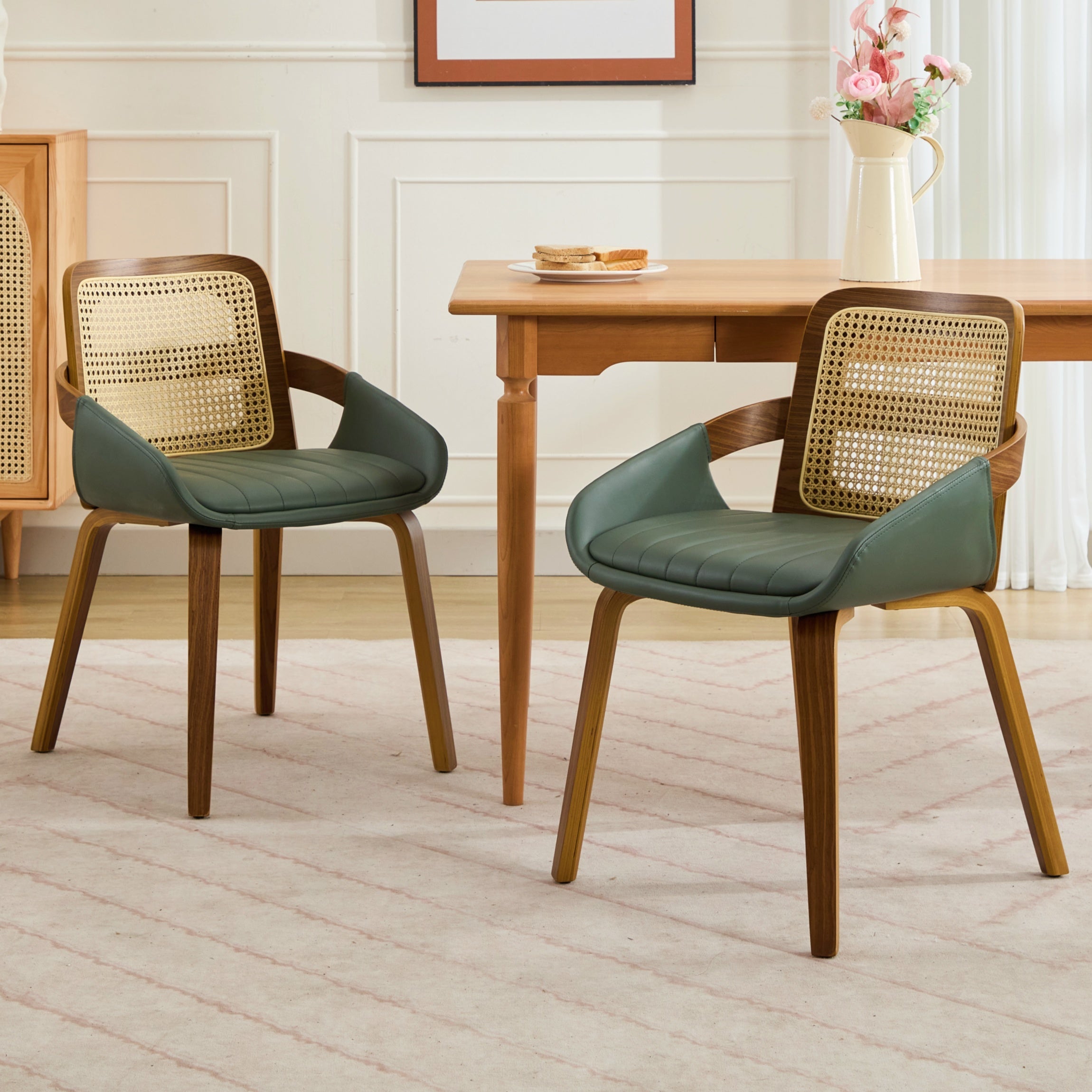 Set of 2 Rattan Dining Chairs - Mid Century Modern Dining Chairs with Walnut Bentwood Frame, Ergonomic Rattan Back