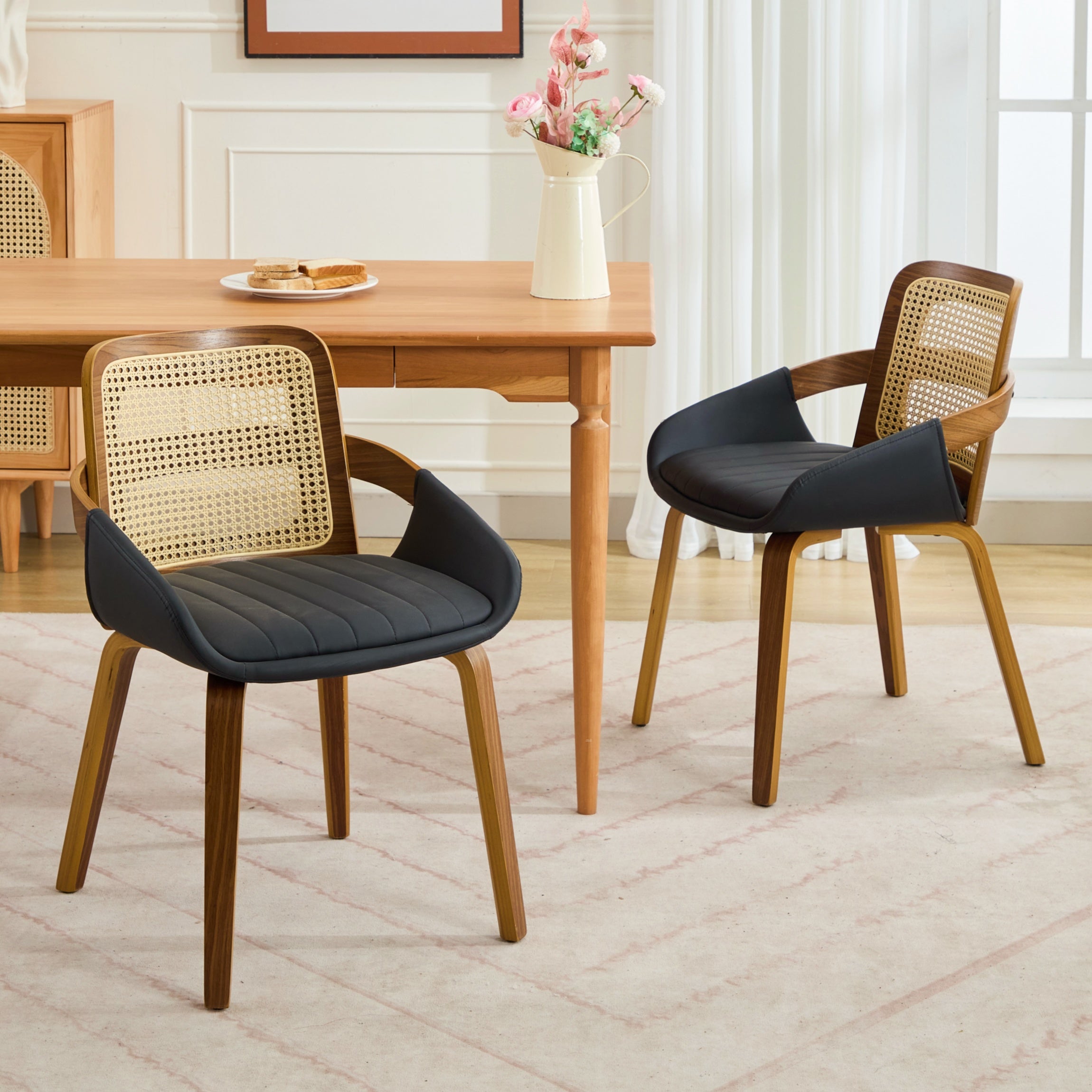 Set of 2 Rattan Dining Chairs - Mid Century Modern Dining Chairs with Walnut Bentwood Frame, Ergonomic Rattan Back