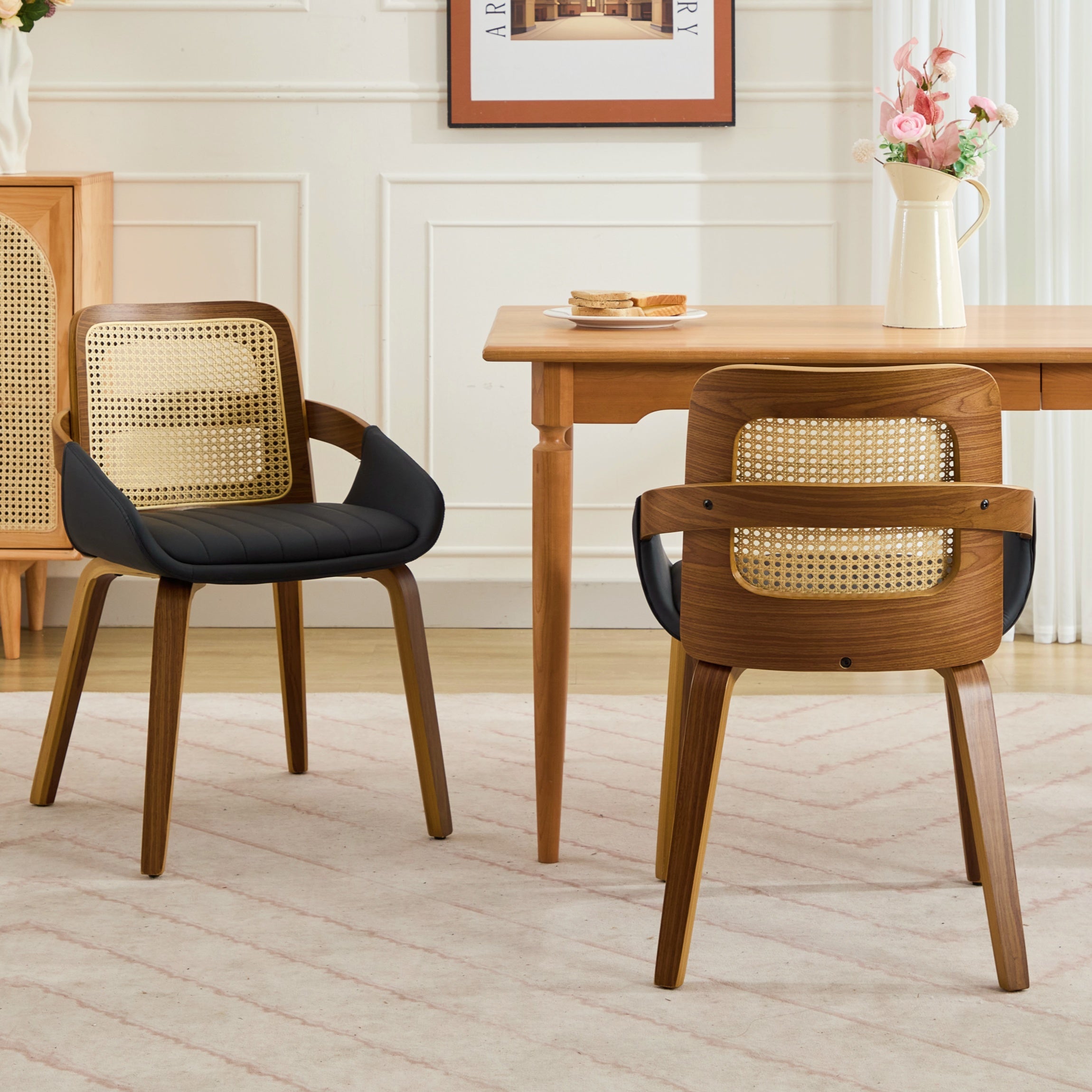Set of 2 Rattan Dining Chairs - Mid Century Modern Dining Chairs with Walnut Bentwood Frame, Ergonomic Rattan Back