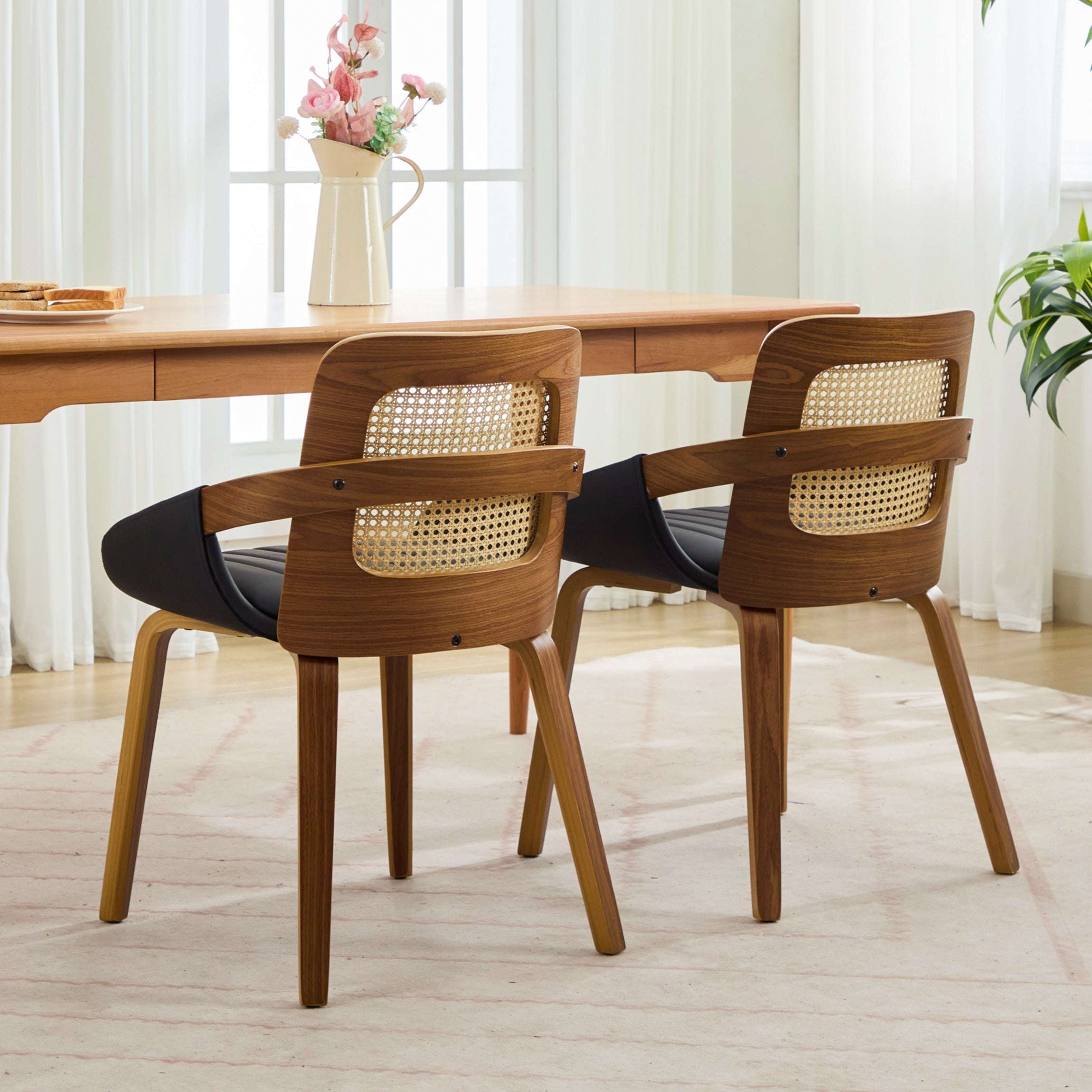 Set of 2 Rattan Dining Chairs - Mid Century Modern Dining Chairs with Walnut Bentwood Frame, Ergonomic Rattan Back