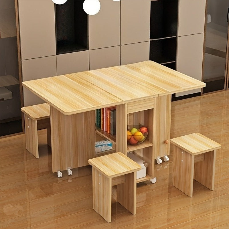 Foldable Dining Table with Hidden Stools and Storage Shelves – Space-Saving Multifunctional Table on Wheels.01ys-al01