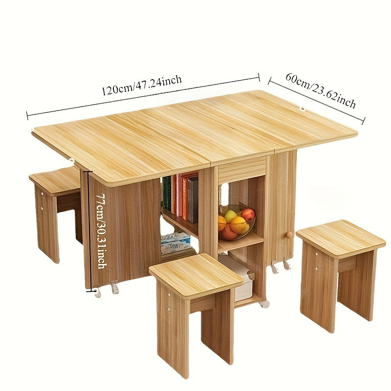 Foldable Dining Table with Hidden Stools and Storage Shelves – Space-Saving Multifunctional Table on Wheels.01ys-al01