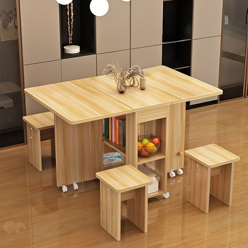 Foldable Dining Table with Hidden Stools and Storage Shelves – Space-Saving Multifunctional Table on Wheels.01ys-al01