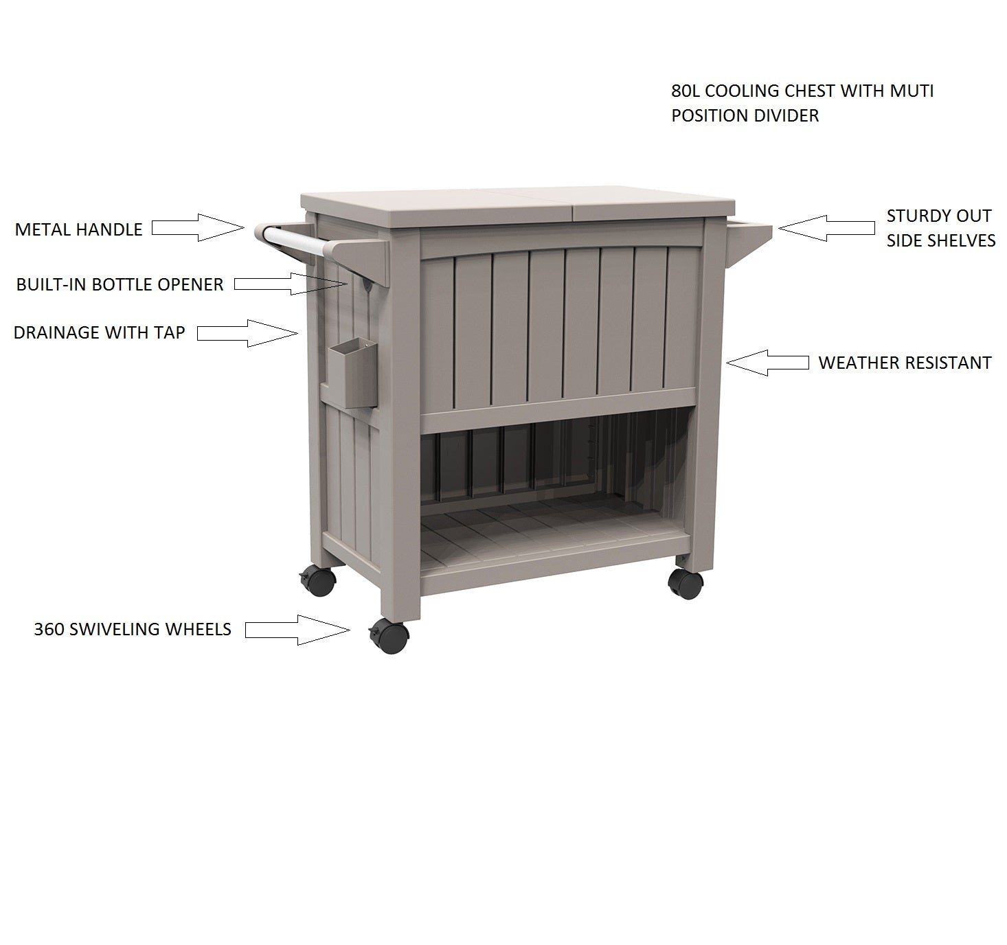 Outdoor 3-in-1 Serving Cart Storage Table Prep Station with 80L Ice Bucket