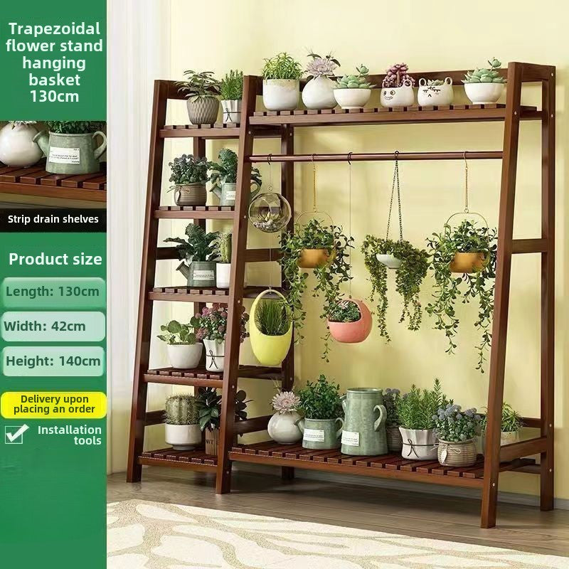 Wooden Plant Stand with Multi-Tier Shelves and Hanging Rod – Indoor & Outdoor Garden Display Rack.A-HJ14