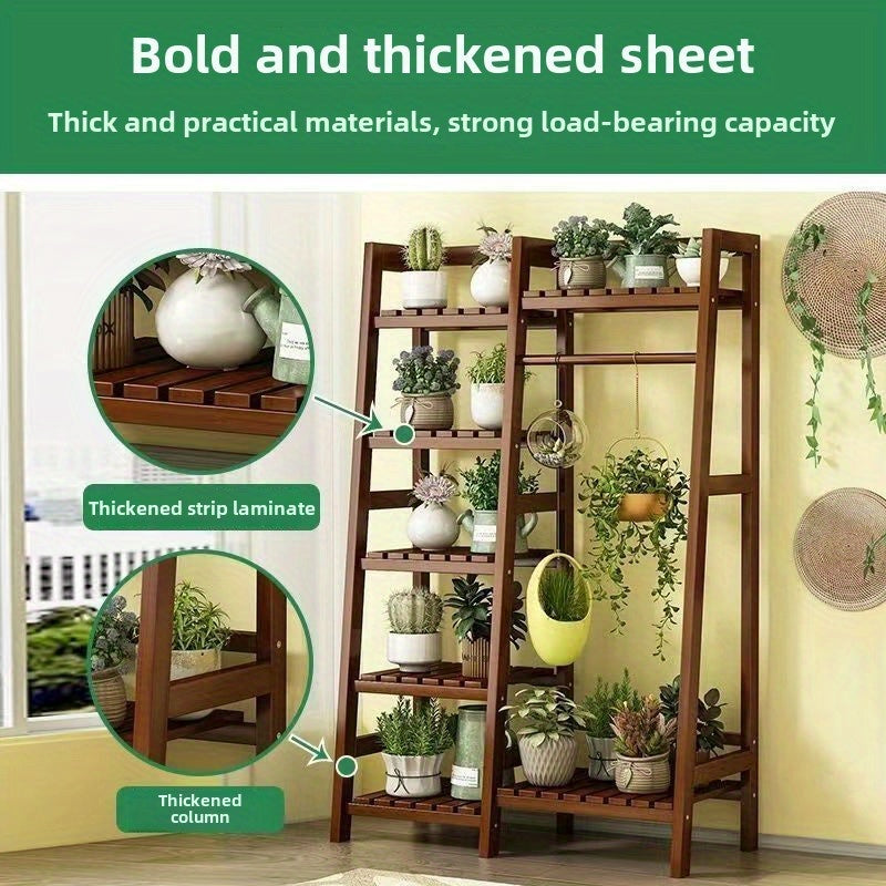 Wooden Plant Stand with Multi-Tier Shelves and Hanging Rod – Indoor & Outdoor Garden Display Rack.A-HJ14