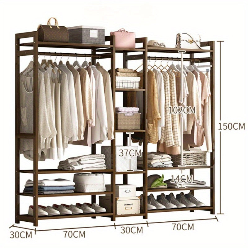 Wooden Open Wardrobe Closet Organizer with Hanging Rods and Multi-Layer Shelves.A-HW511