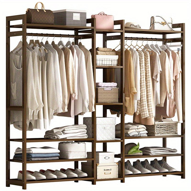 Wooden Open Wardrobe Closet Organizer with Hanging Rods and Multi-Layer Shelves.A-HW511