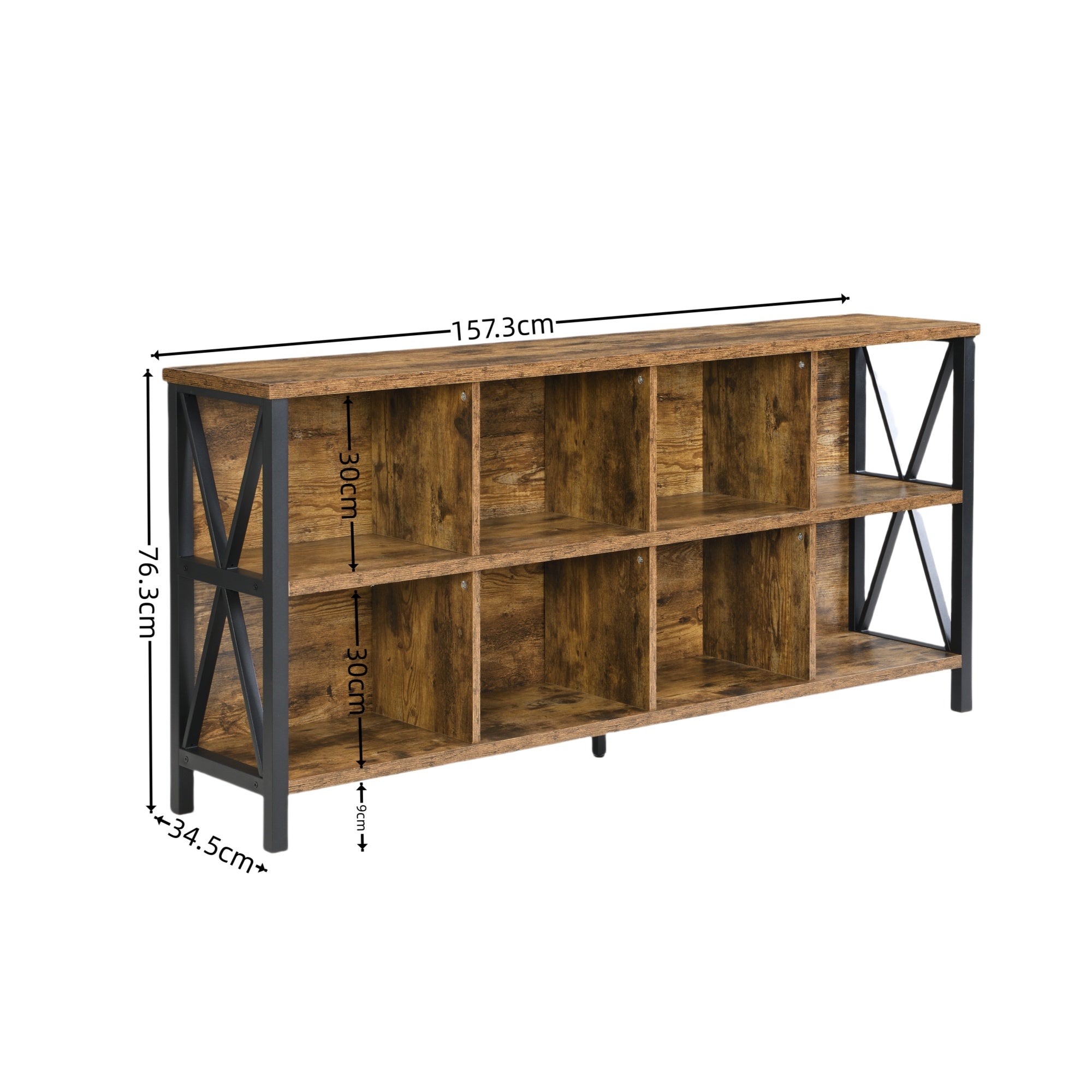8 Cube Storage Organizer Bookshelf, Rustic Wood And Metal Cubby Bookcase, Industrial Horizontal Long Shelf For Home Office, Living Room