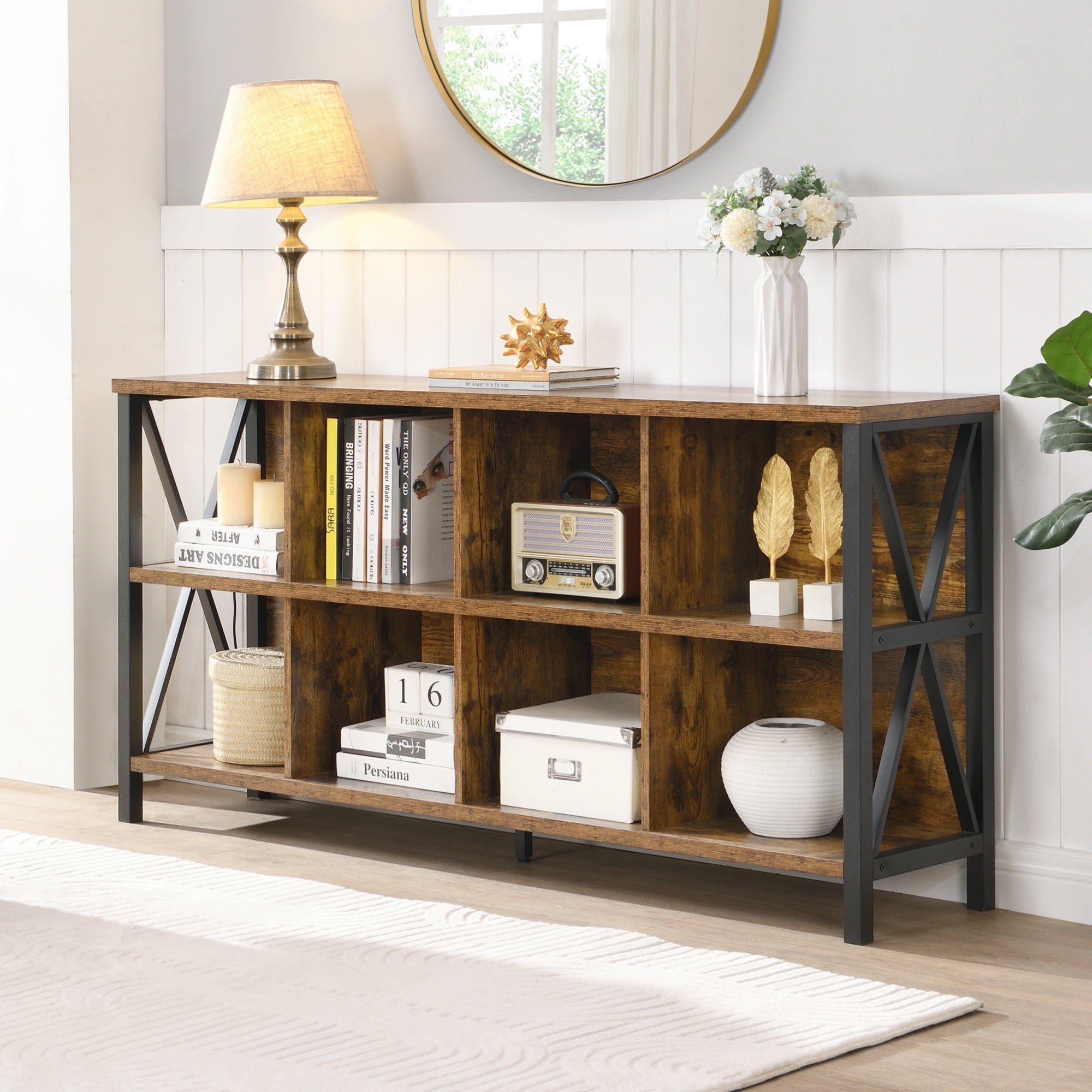 8 Cube Storage Organizer Bookshelf, Rustic Wood And Metal Cubby Bookcase, Industrial Horizontal Long Shelf For Home Office, Living Room