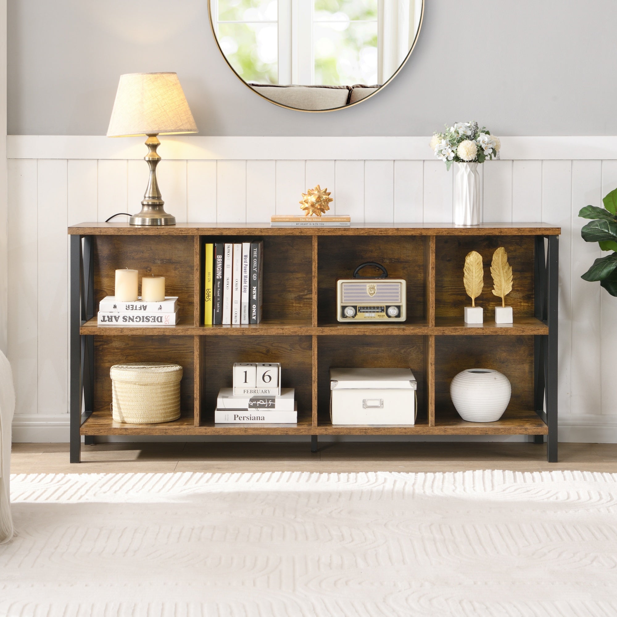 8 Cube Storage Organizer Bookshelf, Rustic Wood And Metal Cubby Bookcase, Industrial Horizontal Long Shelf For Home Office, Living Room