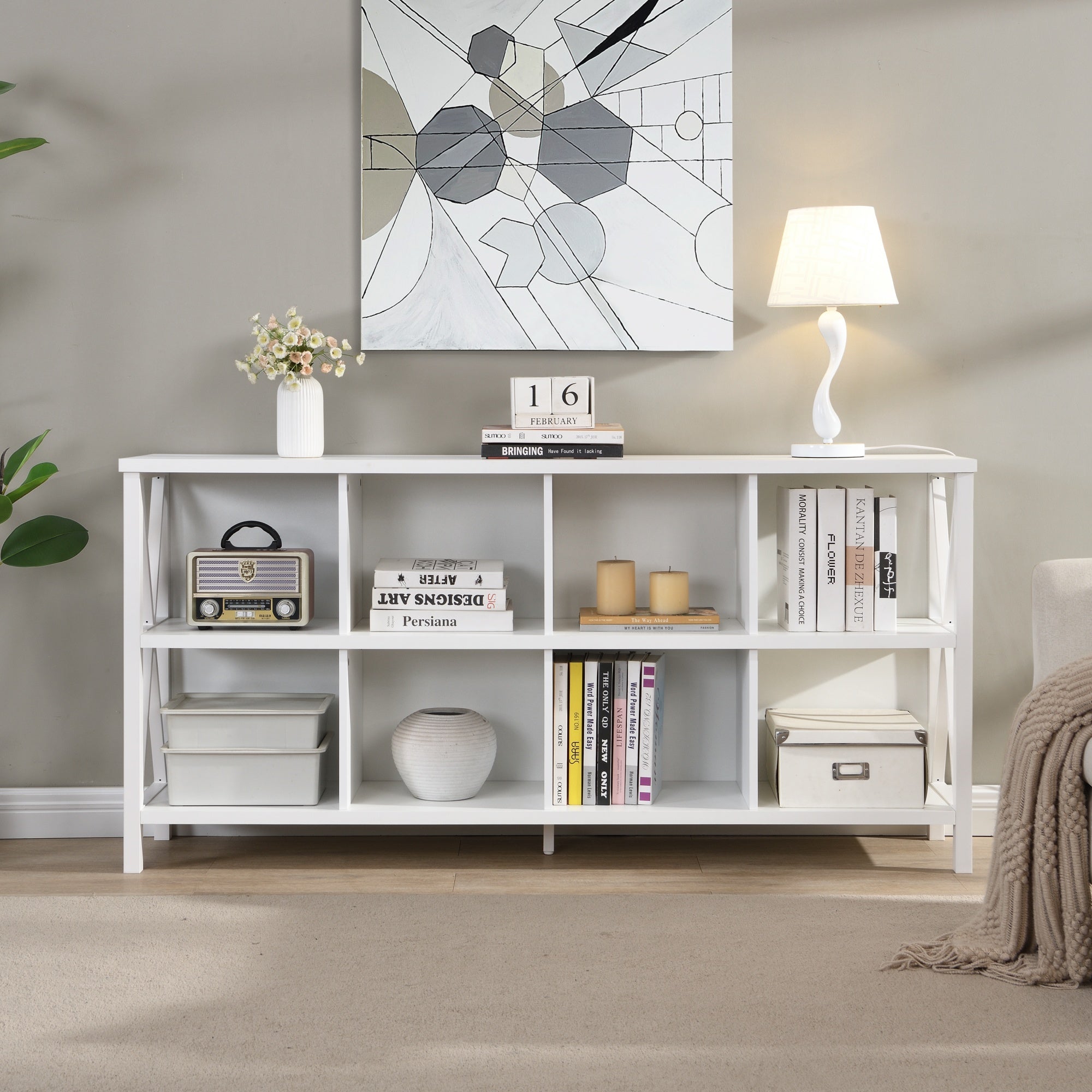 8 Cube Storage Organizer Bookshelf, Rustic Wood And Metal Cubby Bookcase, Industrial Horizontal Long Shelf For Home Office, Living Room