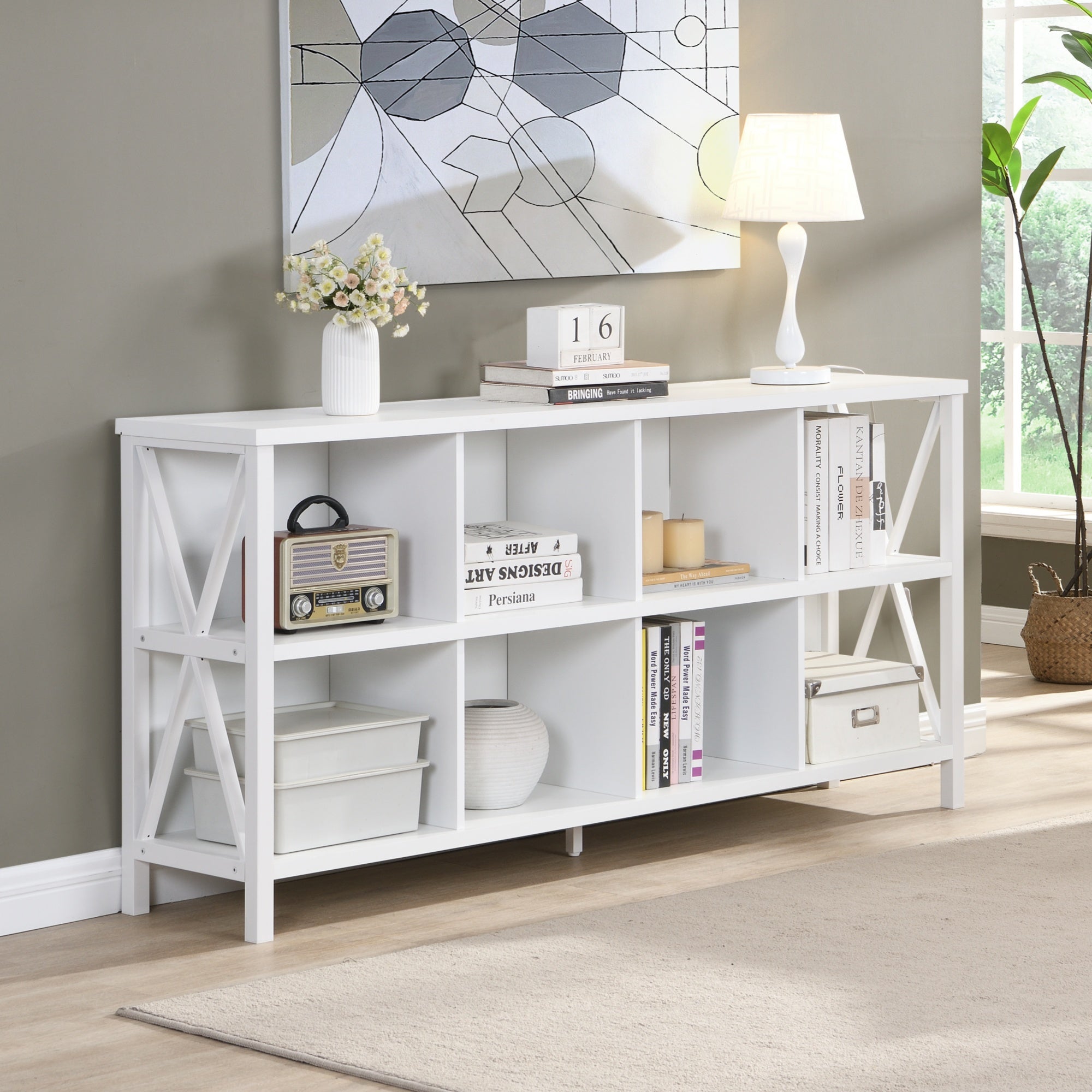8 Cube Storage Organizer Bookshelf, Rustic Wood And Metal Cubby Bookcase, Industrial Horizontal Long Shelf For Home Office, Living Room
