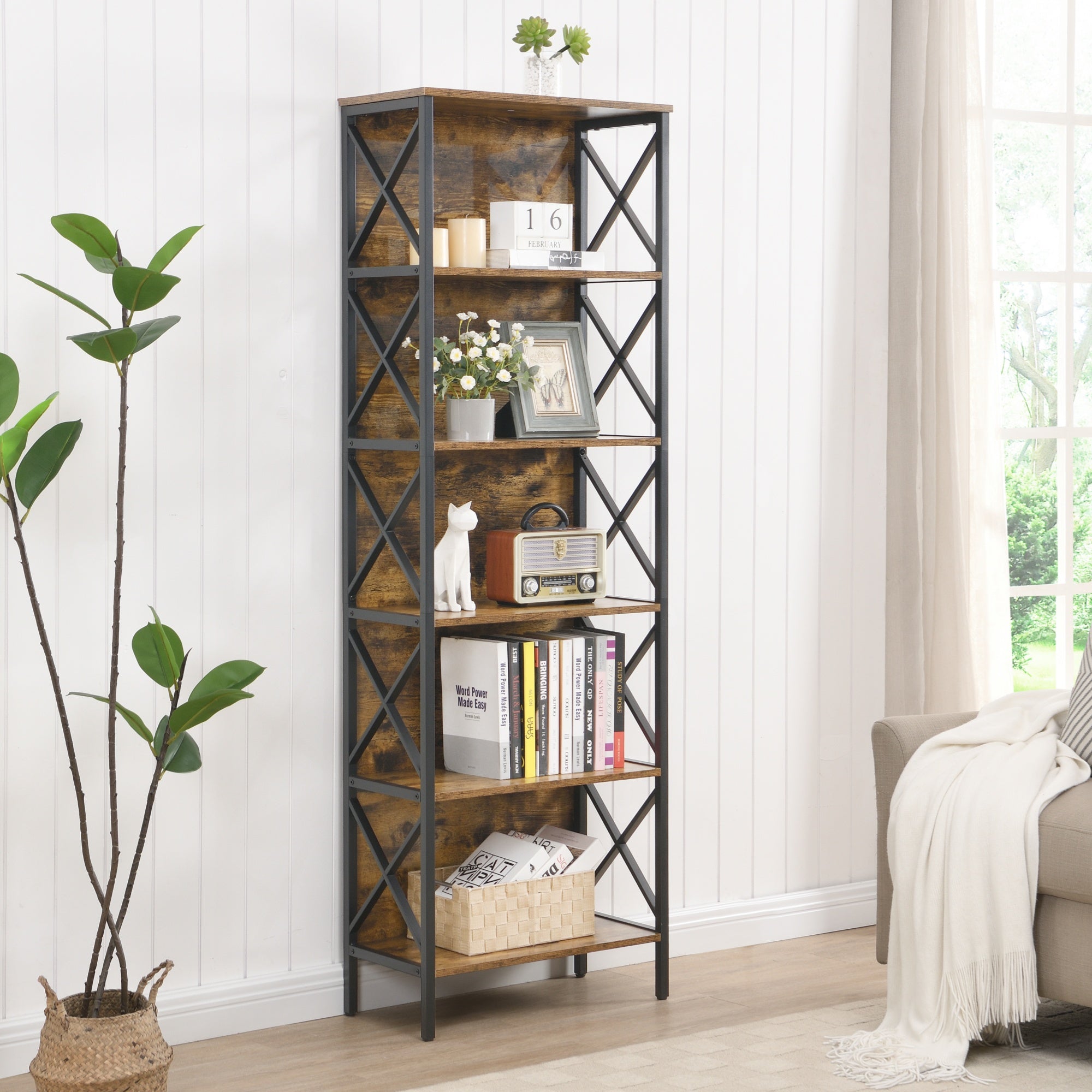 6 Tier Tall Rustic Bookshelf, Industrial Wood Metal Bookshelves and Bookcases, Open Book Shelf for Home Office, Living Room