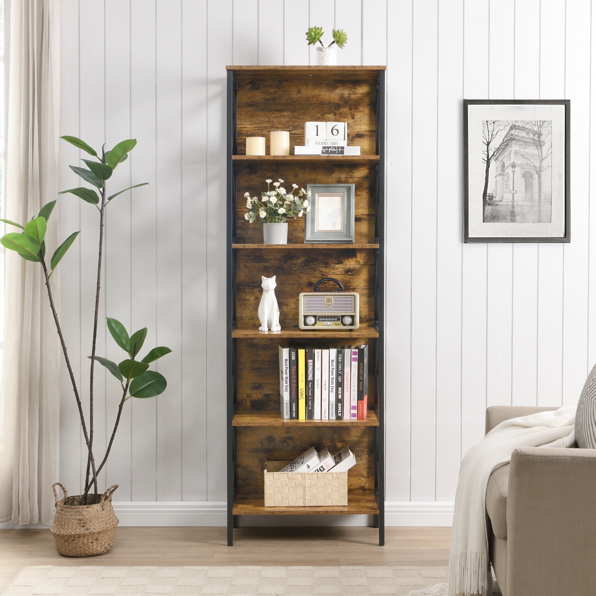 6 Tier Tall Rustic Bookshelf, Industrial Wood Metal Bookshelves and Bookcases, Open Book Shelf for Home Office, Living Room