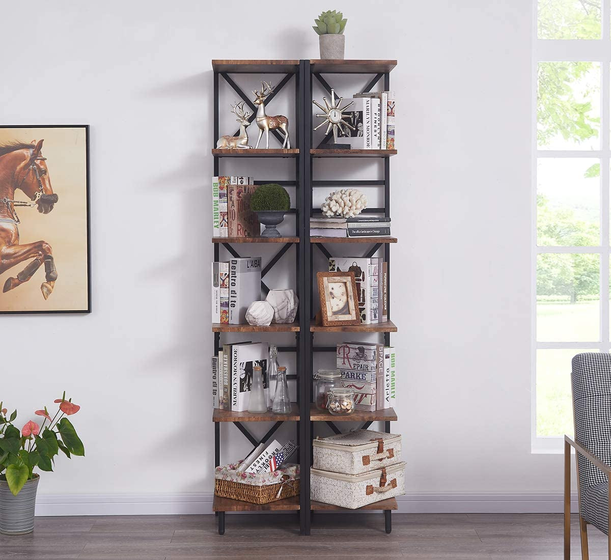 6-Tier Corner Shelf, Industrial 190cm Tall Corner Bookshelf with Storage Rack, Wood and Metal Display Shelf for Living Room, Home Office