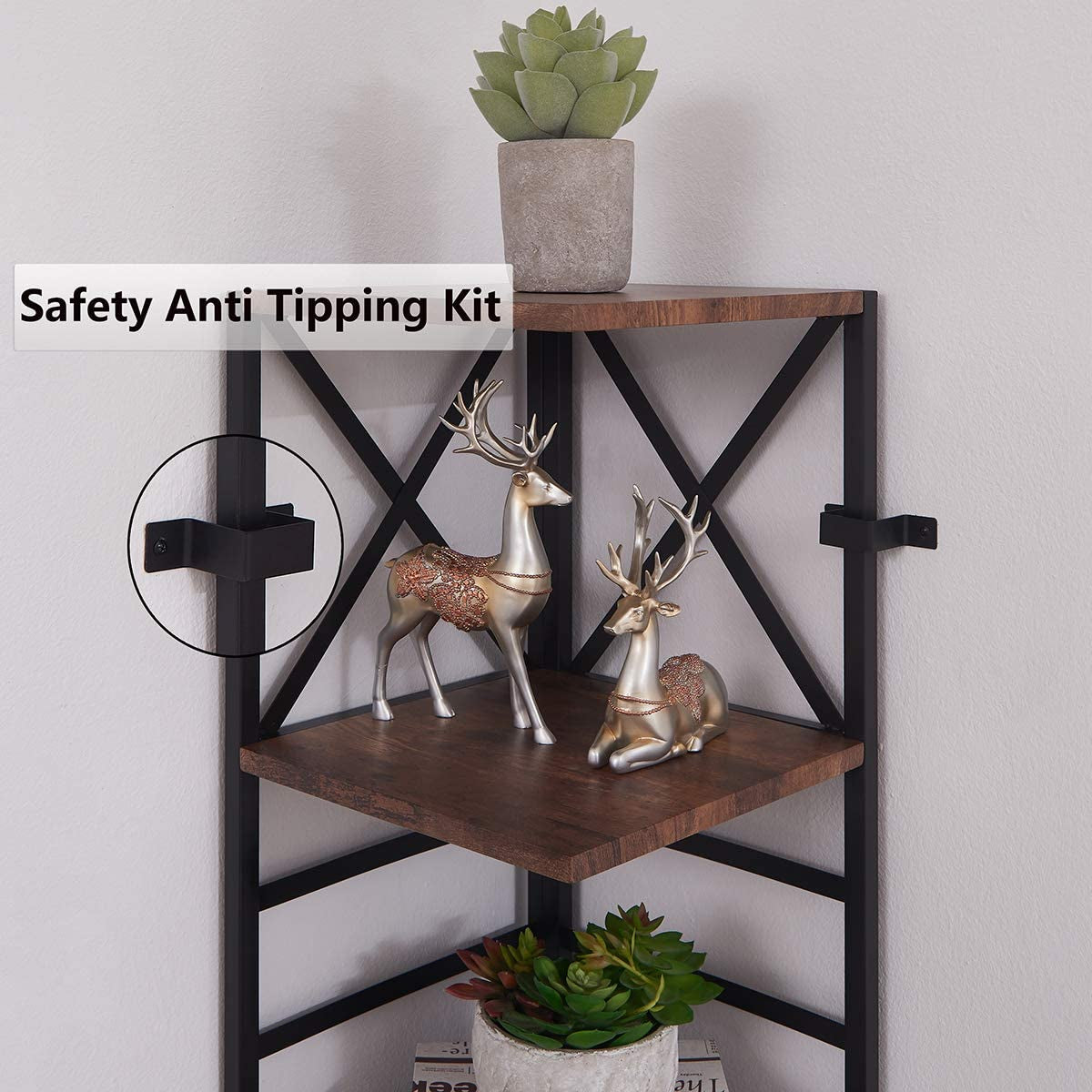 6-Tier Corner Shelf, Industrial 190cm Tall Corner Bookshelf with Storage Rack, Wood and Metal Display Shelf for Living Room, Home Office
