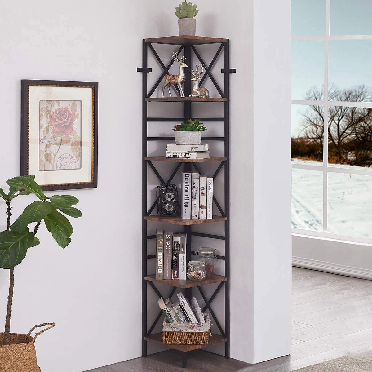 6-Tier Corner Shelf, Industrial 190cm Tall Corner Bookshelf with Storage Rack, Wood and Metal Display Shelf for Living Room, Home Office