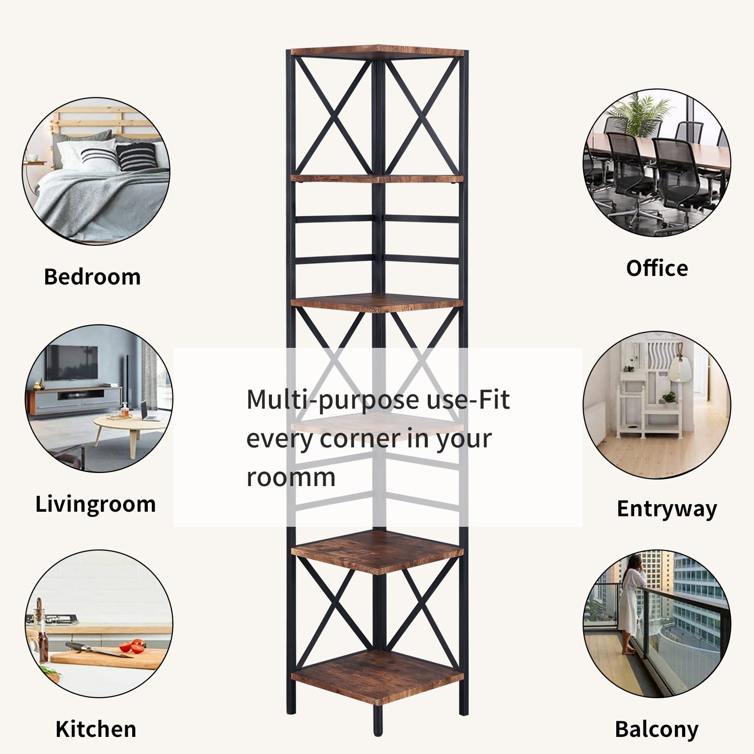 6-Tier Corner Shelf, Industrial 190cm Tall Corner Bookshelf with Storage Rack, Wood and Metal Display Shelf for Living Room, Home Office