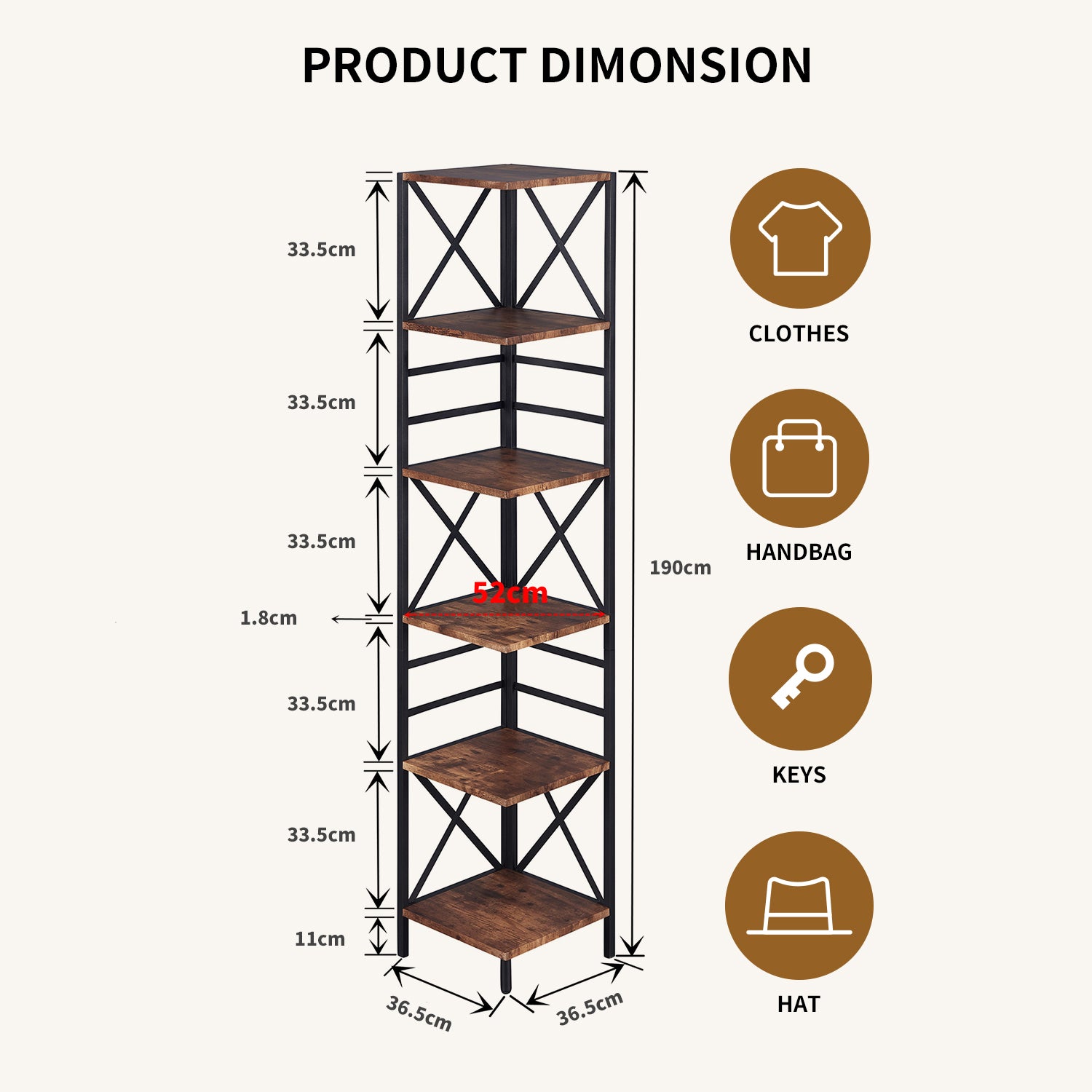 6-Tier Corner Shelf, Industrial 190cm Tall Corner Bookshelf with Storage Rack, Wood and Metal Display Shelf for Living Room, Home Office