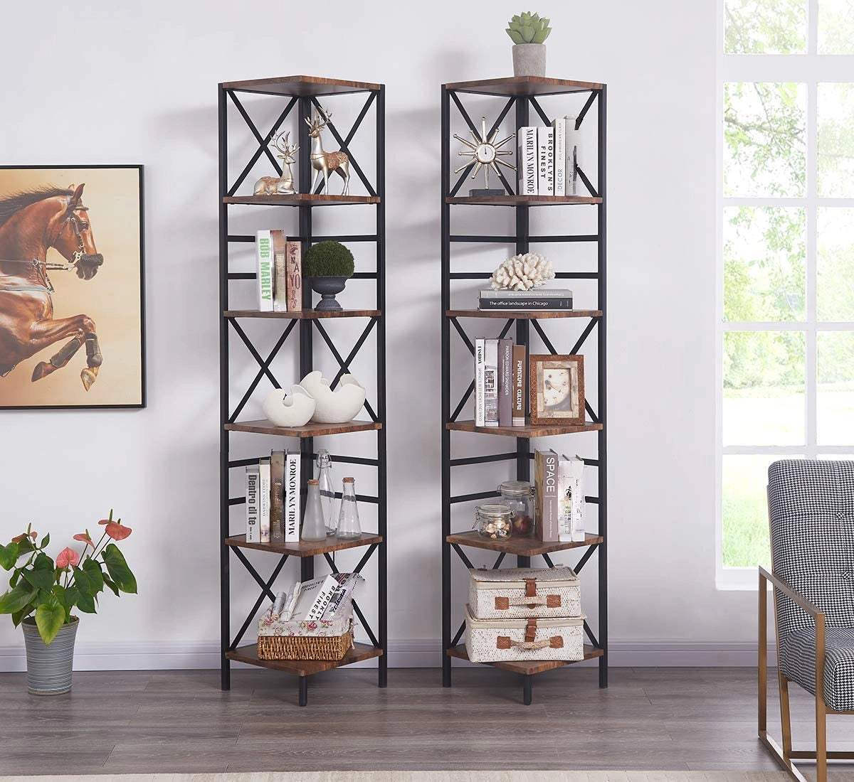 6-Tier Corner Shelf, Industrial 190cm Tall Corner Bookshelf with Storage Rack, Wood and Metal Display Shelf for Living Room, Home Office