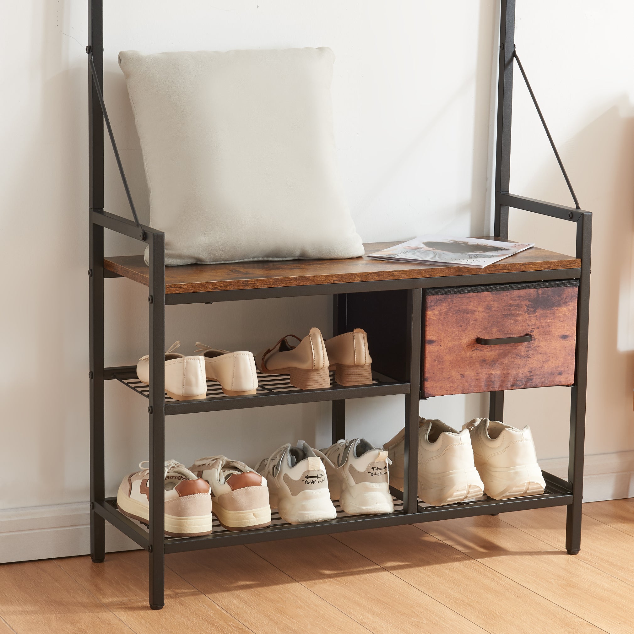 Entryway Bench with Coat Rack freestanding, 5 In 1 Intelligent Design Hall Tree and Wall Rack 8 Hooks and Drawers, Rustic Brown