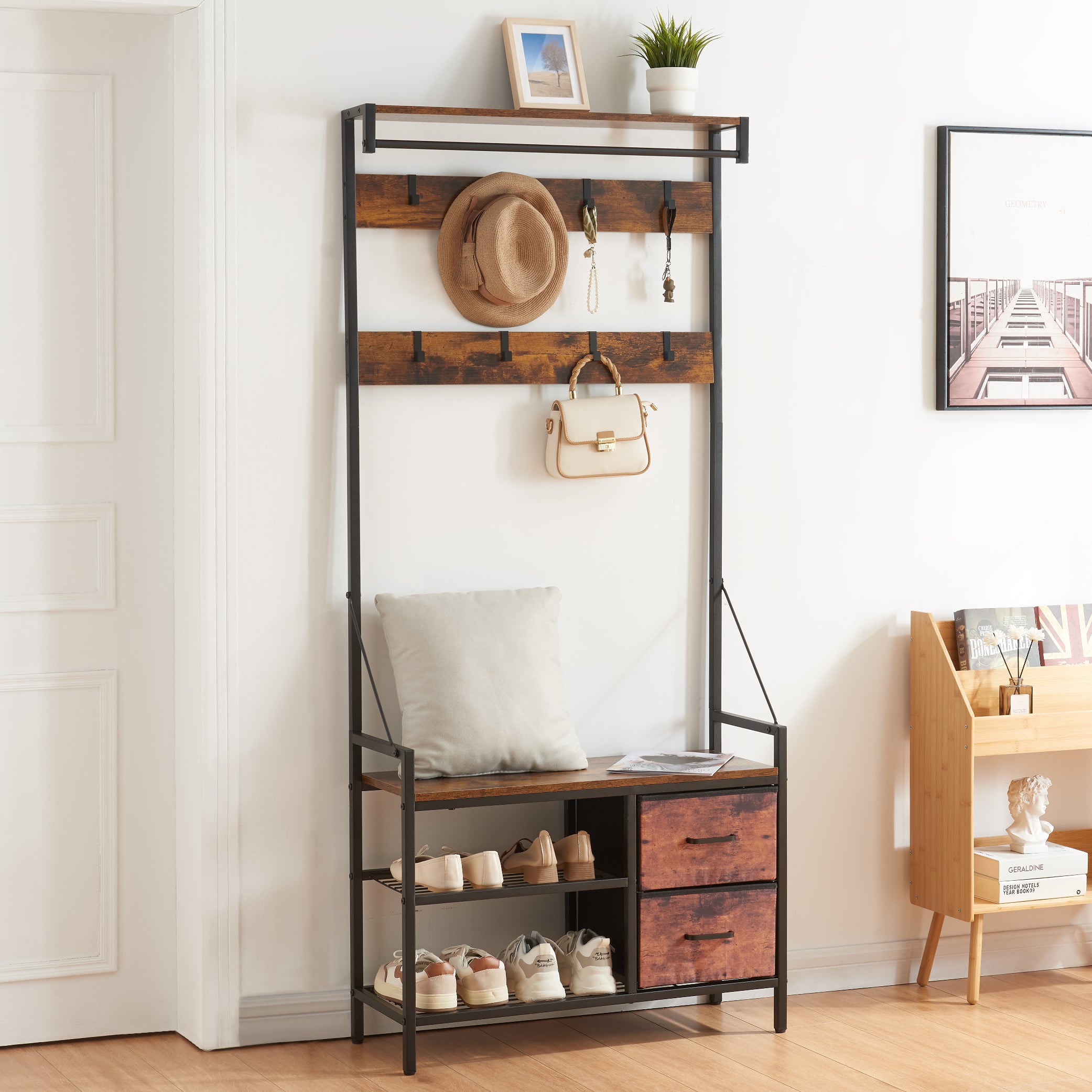 Entryway Bench with Coat Rack freestanding, 5 In 1 Intelligent Design Hall Tree and Wall Rack 8 Hooks and Drawers, Rustic Brown