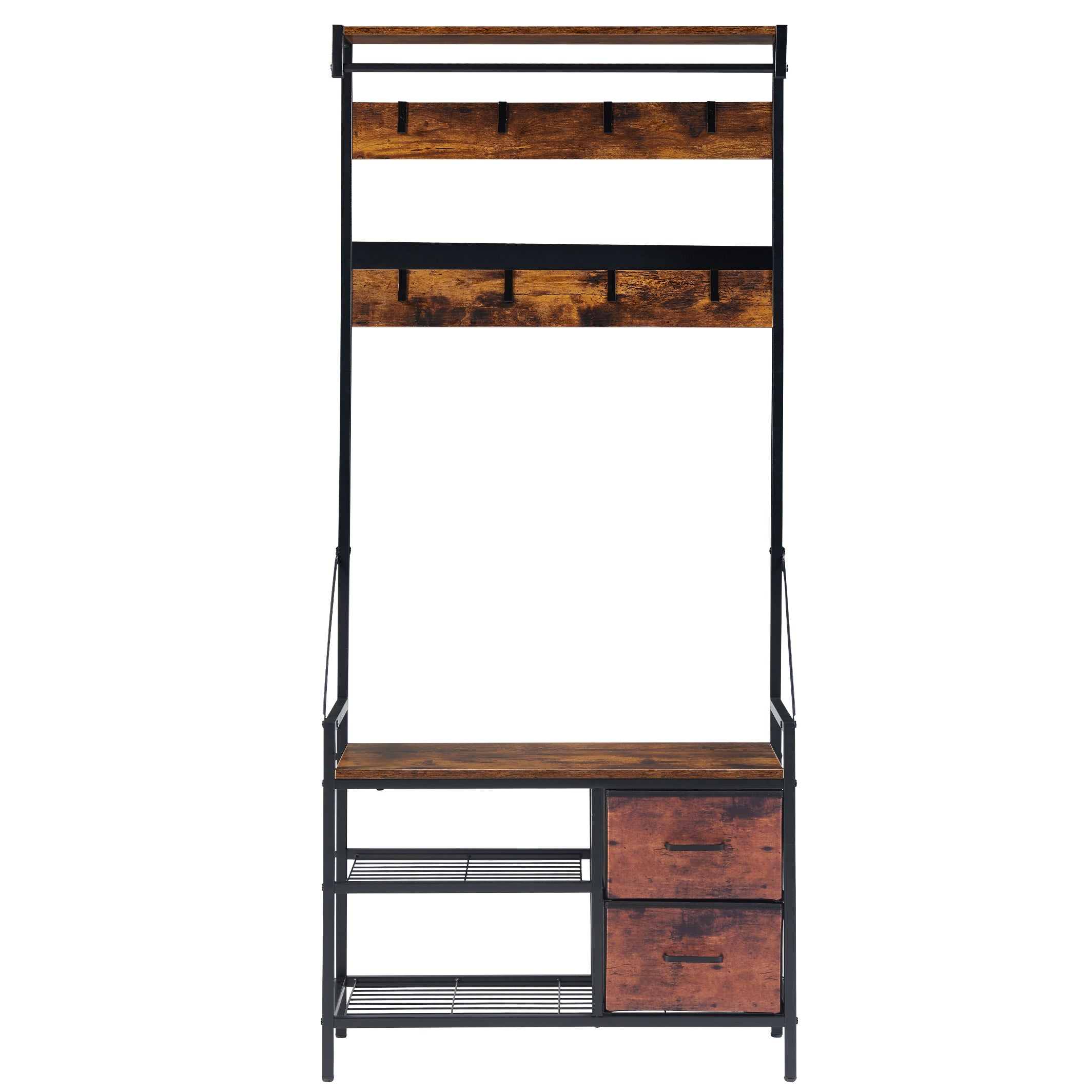Entryway Bench with Coat Rack freestanding, 5 In 1 Intelligent Design Hall Tree and Wall Rack 8 Hooks and Drawers, Rustic Brown