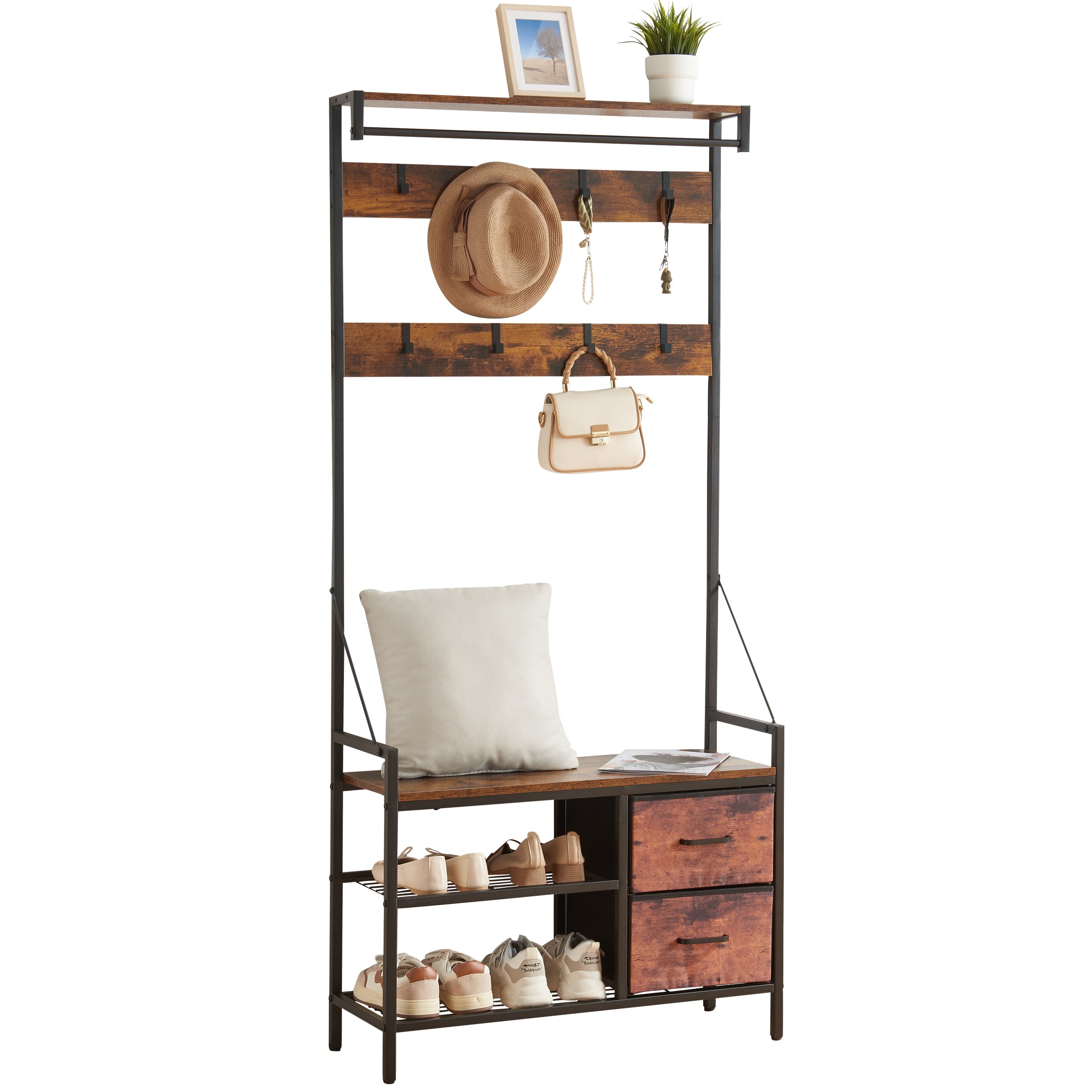 Entryway Bench with Coat Rack freestanding, 5 In 1 Intelligent Design Hall Tree and Wall Rack 8 Hooks and Drawers, Rustic Brown