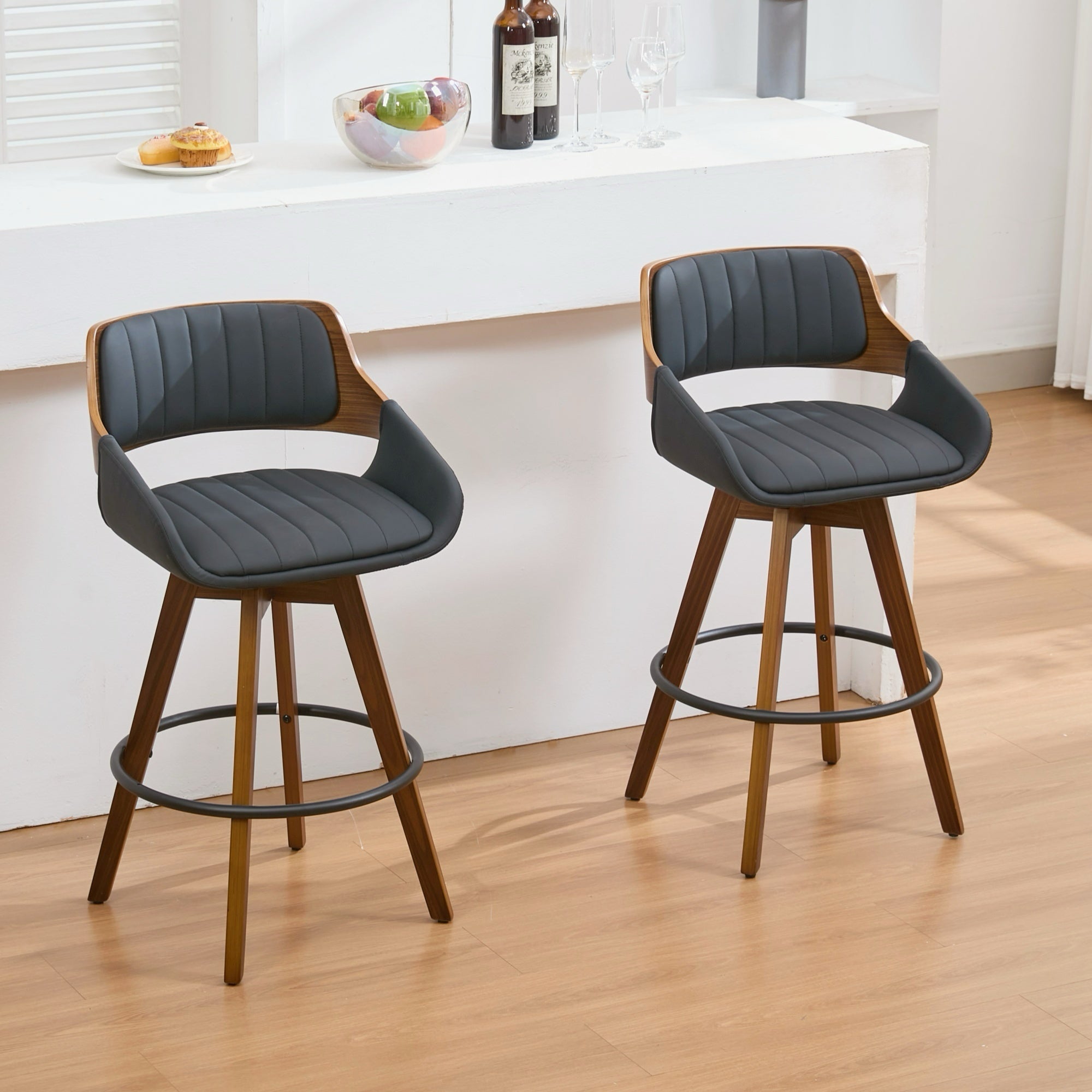 Counter Height Bar Stools Set of 2, Mid Century Modern Retro Bar Chairs, Swivel Barstools with Walnut Craft, Faux Leather Upholstered Counter Stool