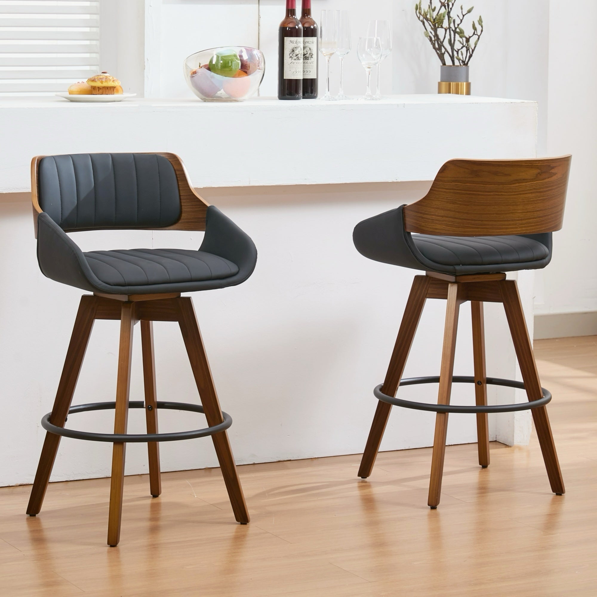 Counter Height Bar Stools Set of 2, Mid Century Modern Retro Bar Chairs, Swivel Barstools with Walnut Craft, Faux Leather Upholstered Counter Stool