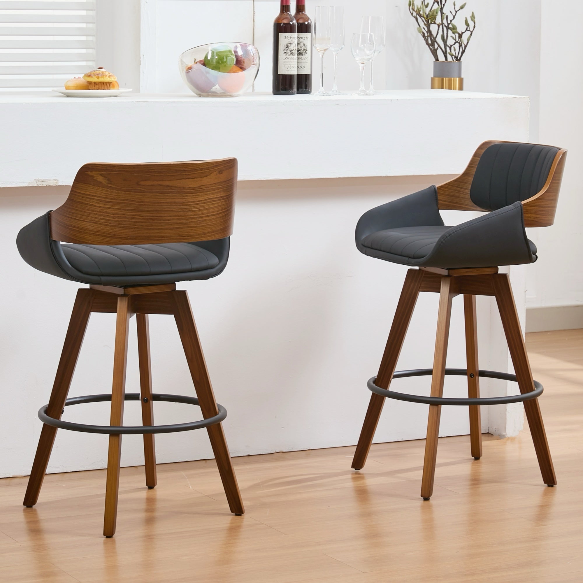Counter Height Bar Stools Set of 2, Mid Century Modern Retro Bar Chairs, Swivel Barstools with Walnut Craft, Faux Leather Upholstered Counter Stool