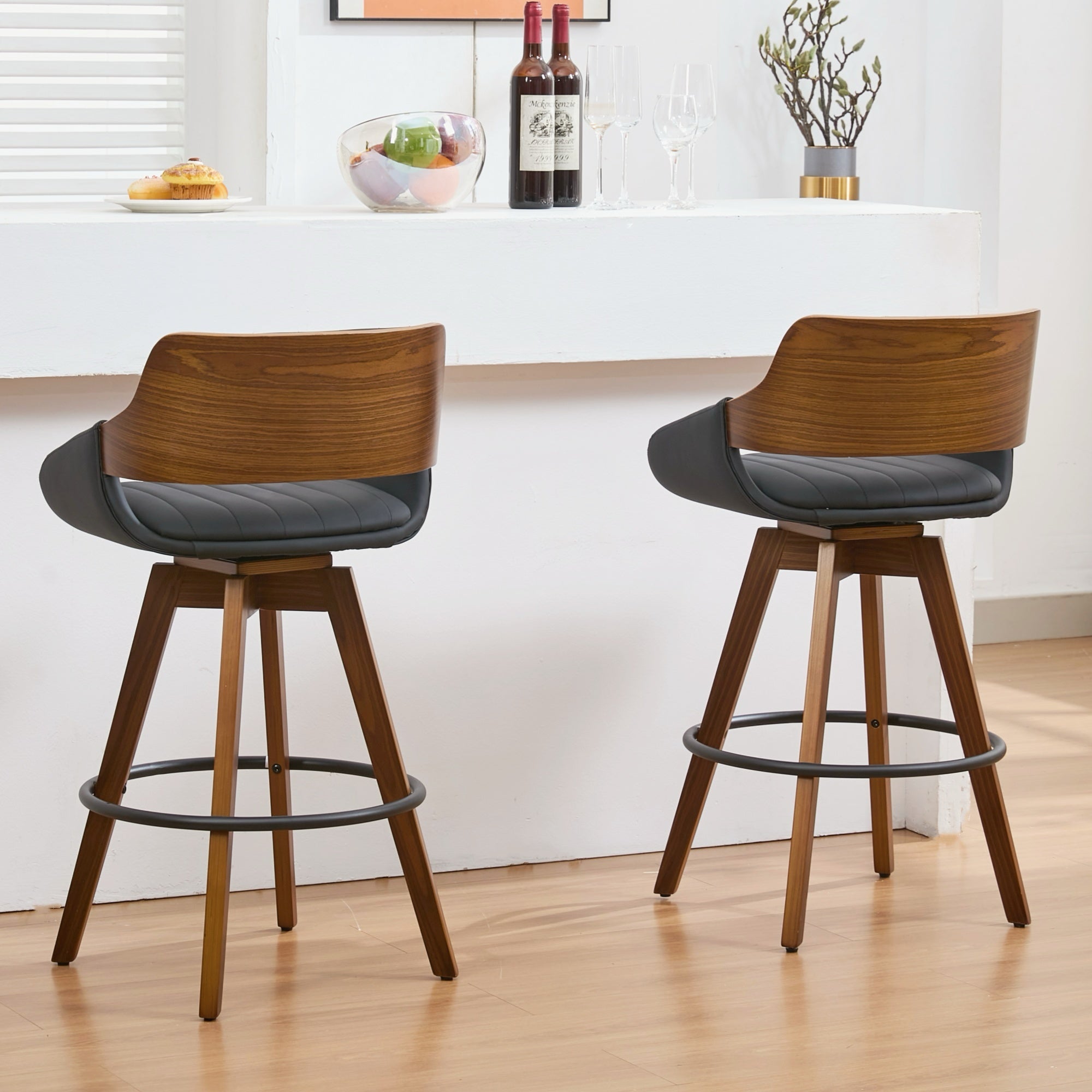 Counter Height Bar Stools Set of 2, Mid Century Modern Retro Bar Chairs, Swivel Barstools with Walnut Craft, Faux Leather Upholstered Counter Stool